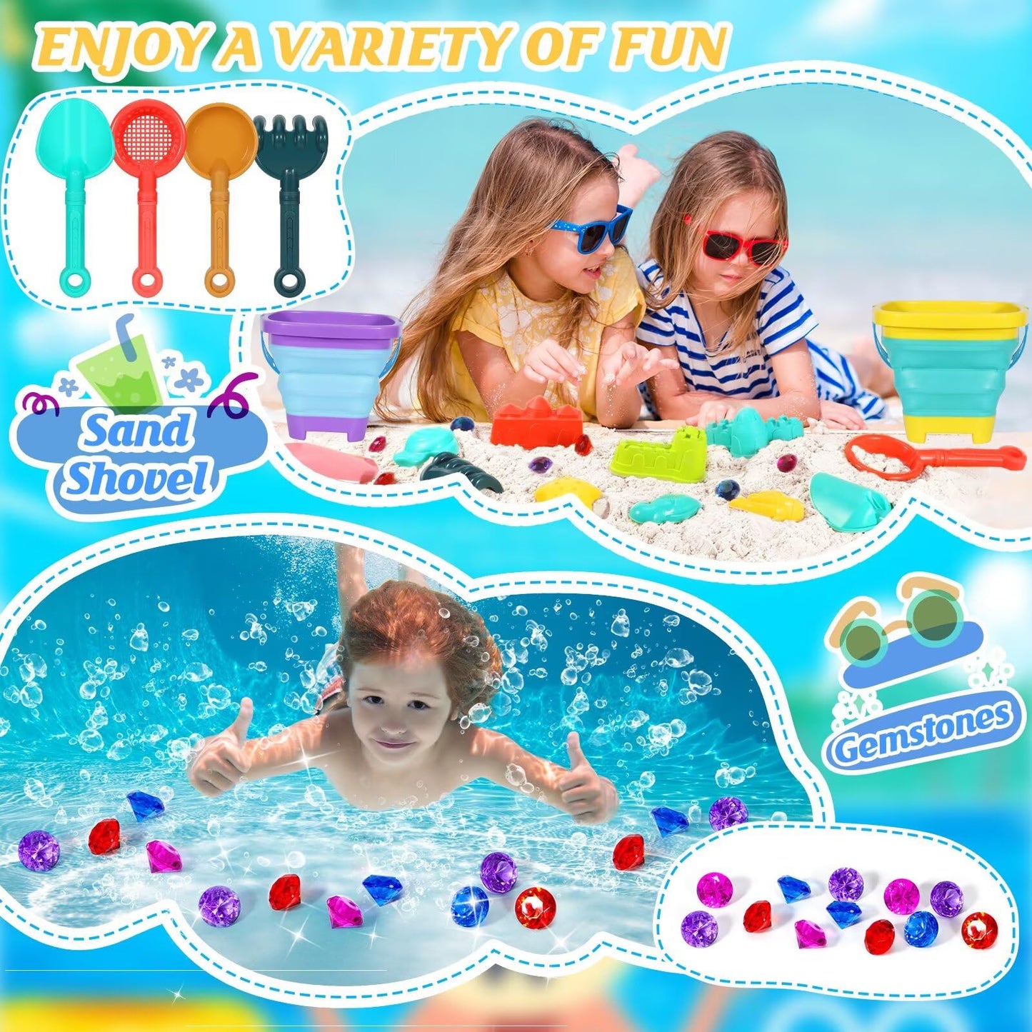 HUITEM Beach Sand Toys for Kids – 19-Piece Set with Collapsible Buckets, Sifters, Shovels, Molds & Mesh Bag