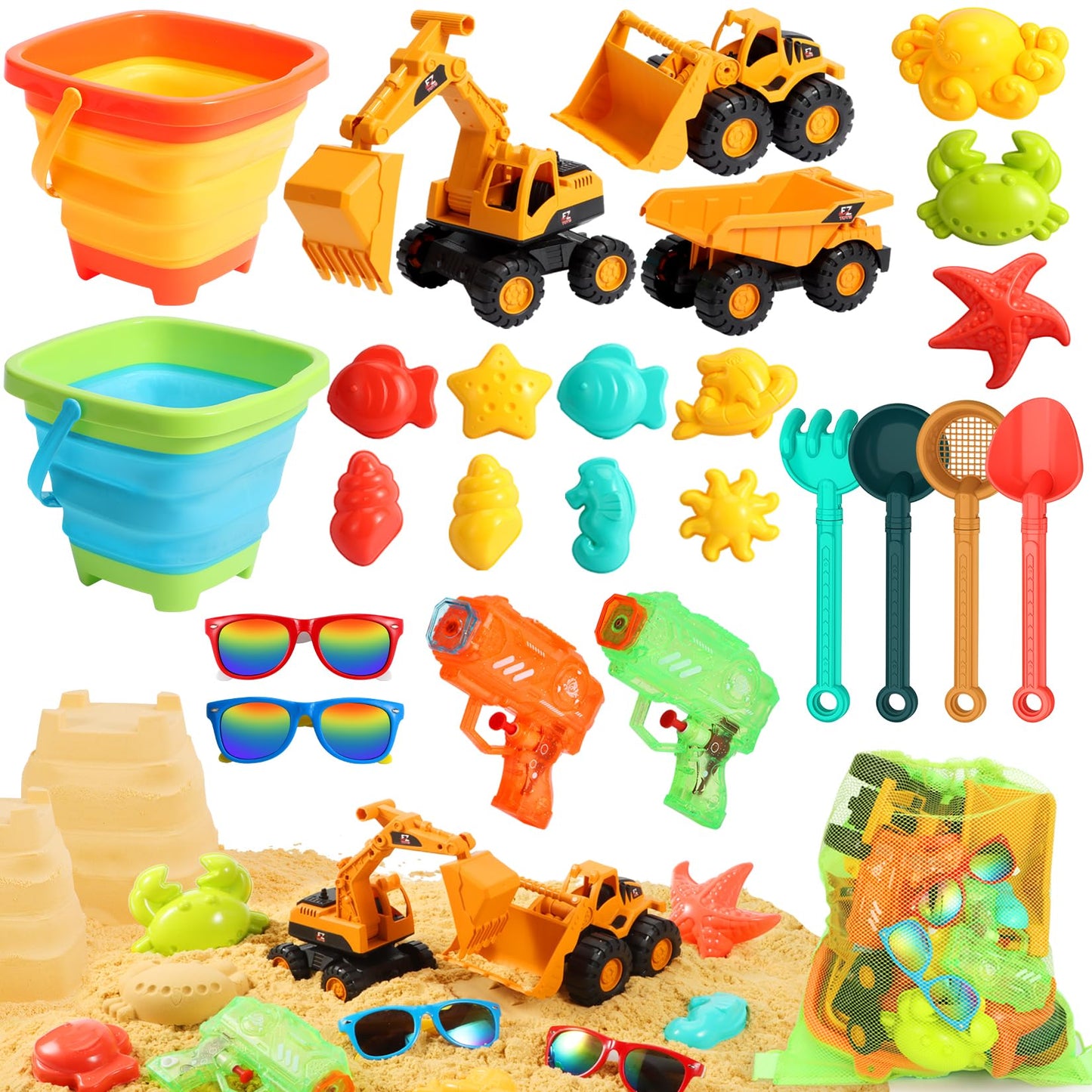 HUITEM Beach Toys Set for Kids – 9-Piece Sand Toys with Collapsible Buckets, Dump Trucks & Molds