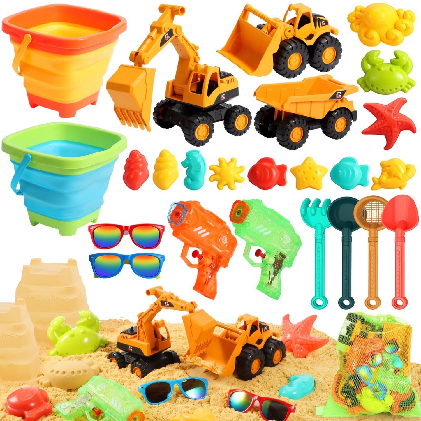 HUITEM Beach Toys Set for Kids – 9-Piece Sand Toys with Collapsible Buckets, Dump Trucks & Molds