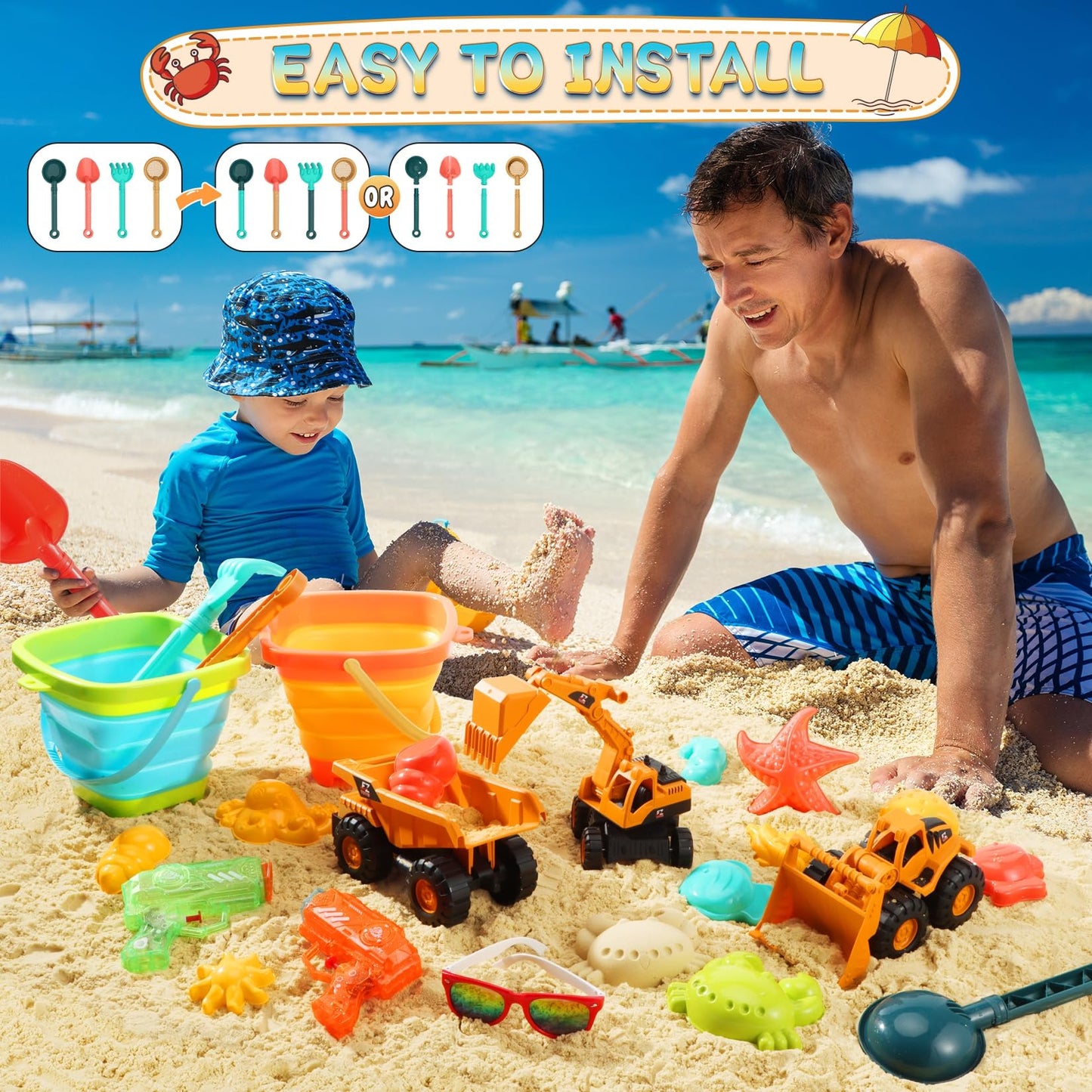 HUITEM Beach Toys Set for Kids – 9-Piece Sand Toys with Collapsible Buckets, Dump Trucks & Molds
