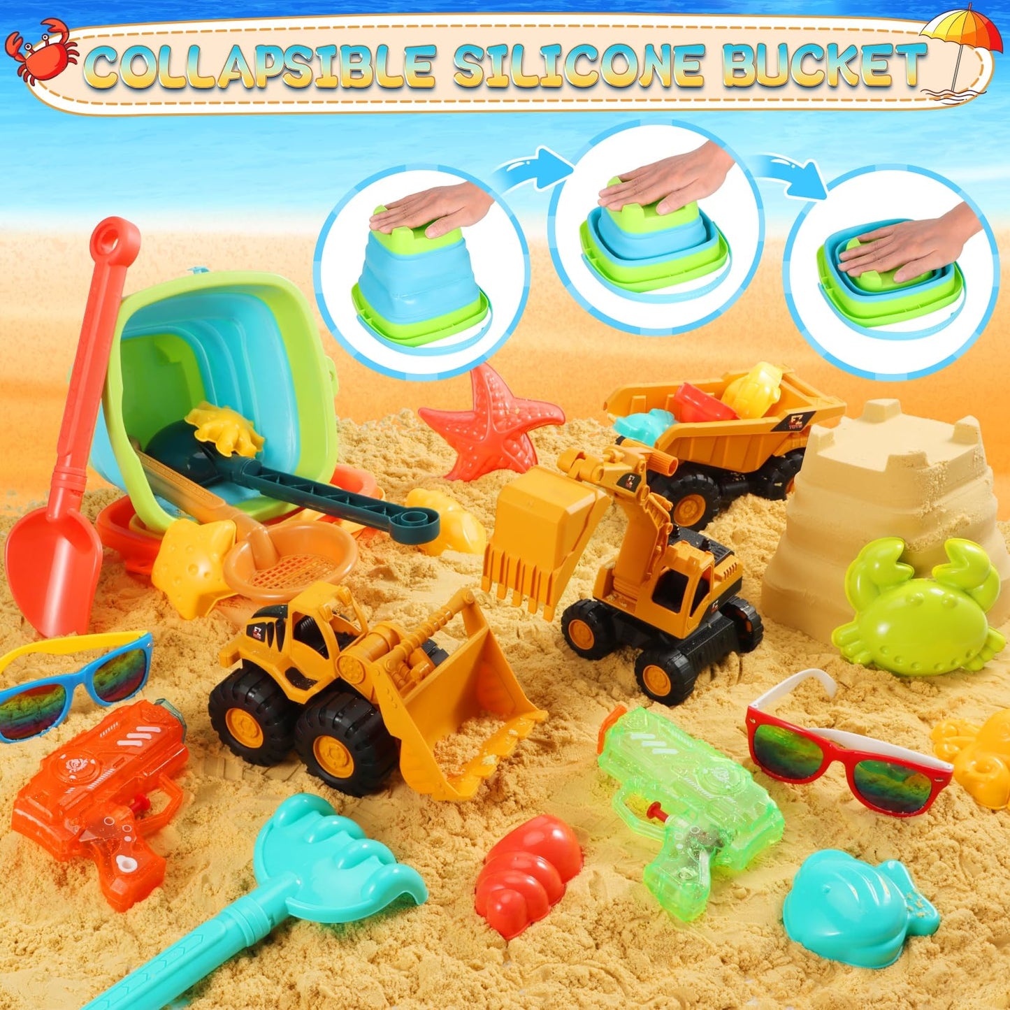 HUITEM Beach Toys Set for Kids – 9-Piece Sand Toys with Collapsible Buckets, Dump Trucks & Molds