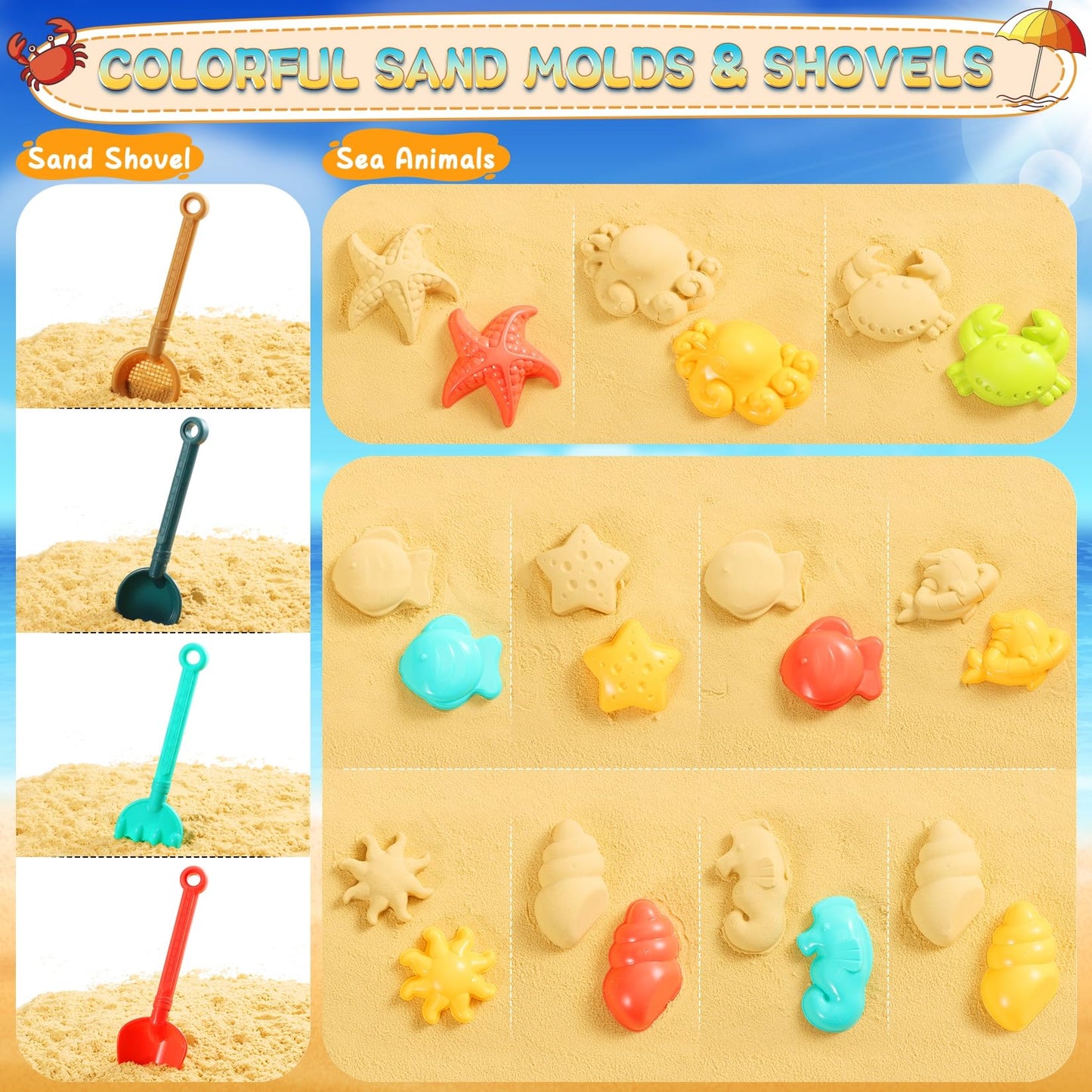 HUITEM Beach Toys Set for Kids – 9-Piece Sand Toys with Collapsible Buckets, Dump Trucks & Molds