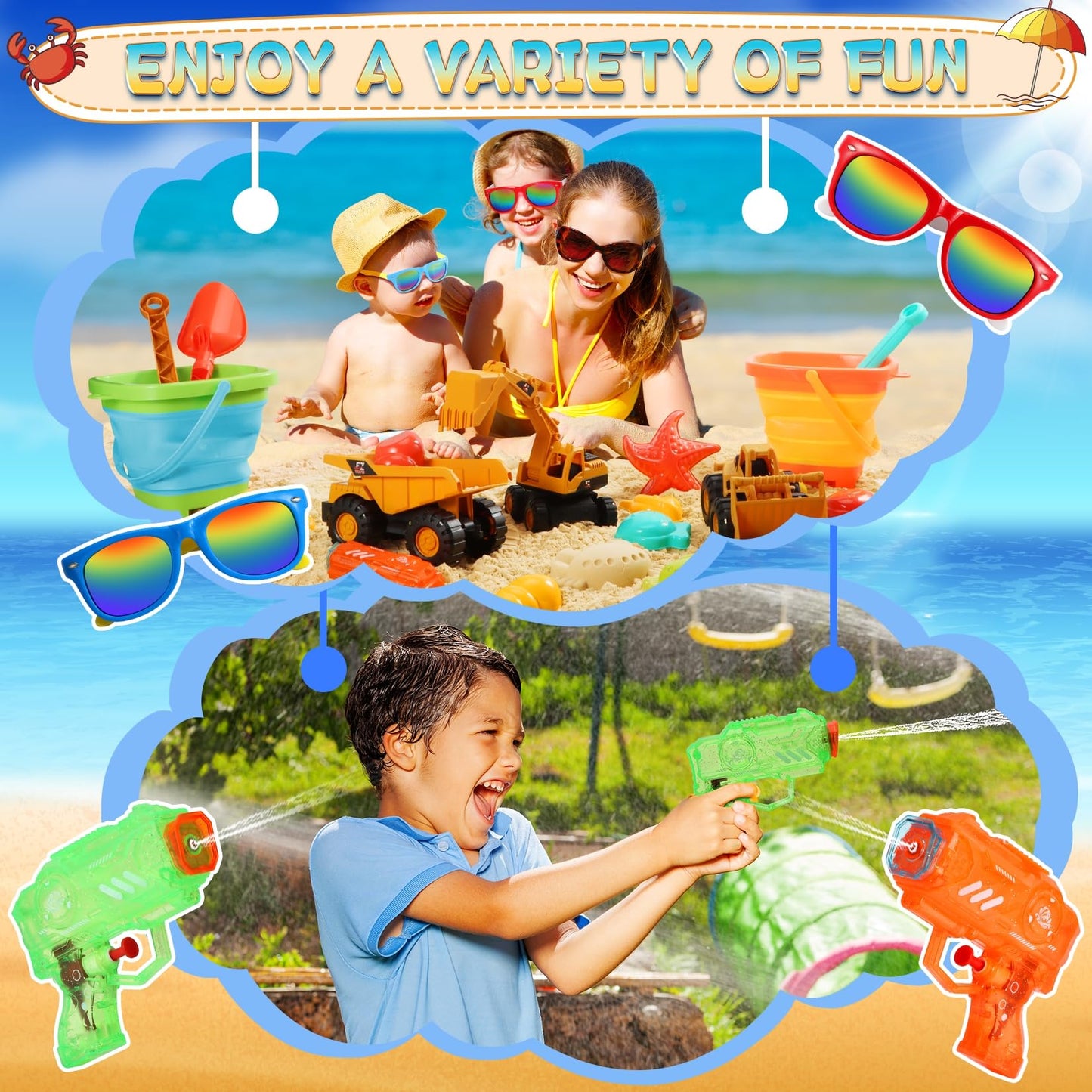 HUITEM Beach Toys Set for Kids – 9-Piece Sand Toys with Collapsible Buckets, Dump Trucks & Molds