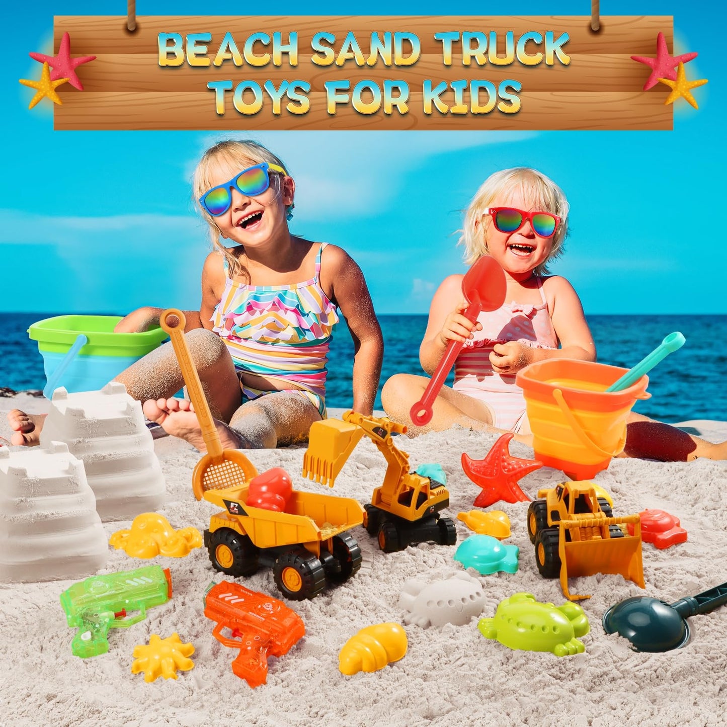 HUITEM Beach Toys Set for Kids – 9-Piece Sand Toys with Collapsible Buckets, Dump Trucks & Molds