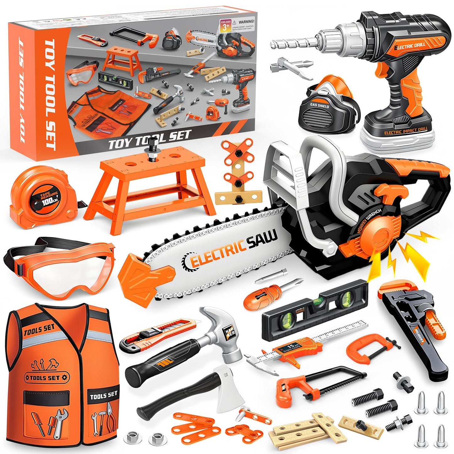 HUITEM Kids Tool Set – 56 Pcs with Realistic Drill & Chainsaw for Toddlers 3-5