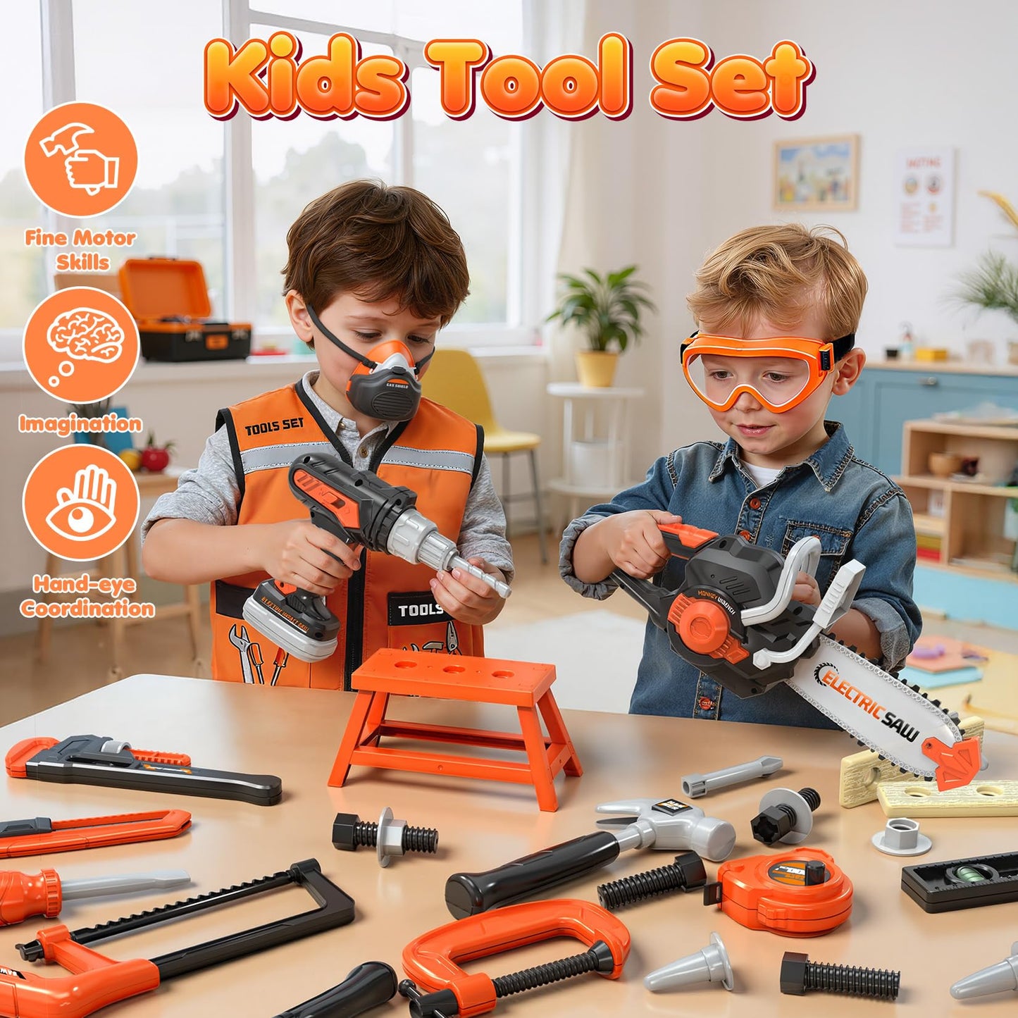HUITEM Kids Tool Set – 56 Pcs with Realistic Drill & Chainsaw for Toddlers 3-5