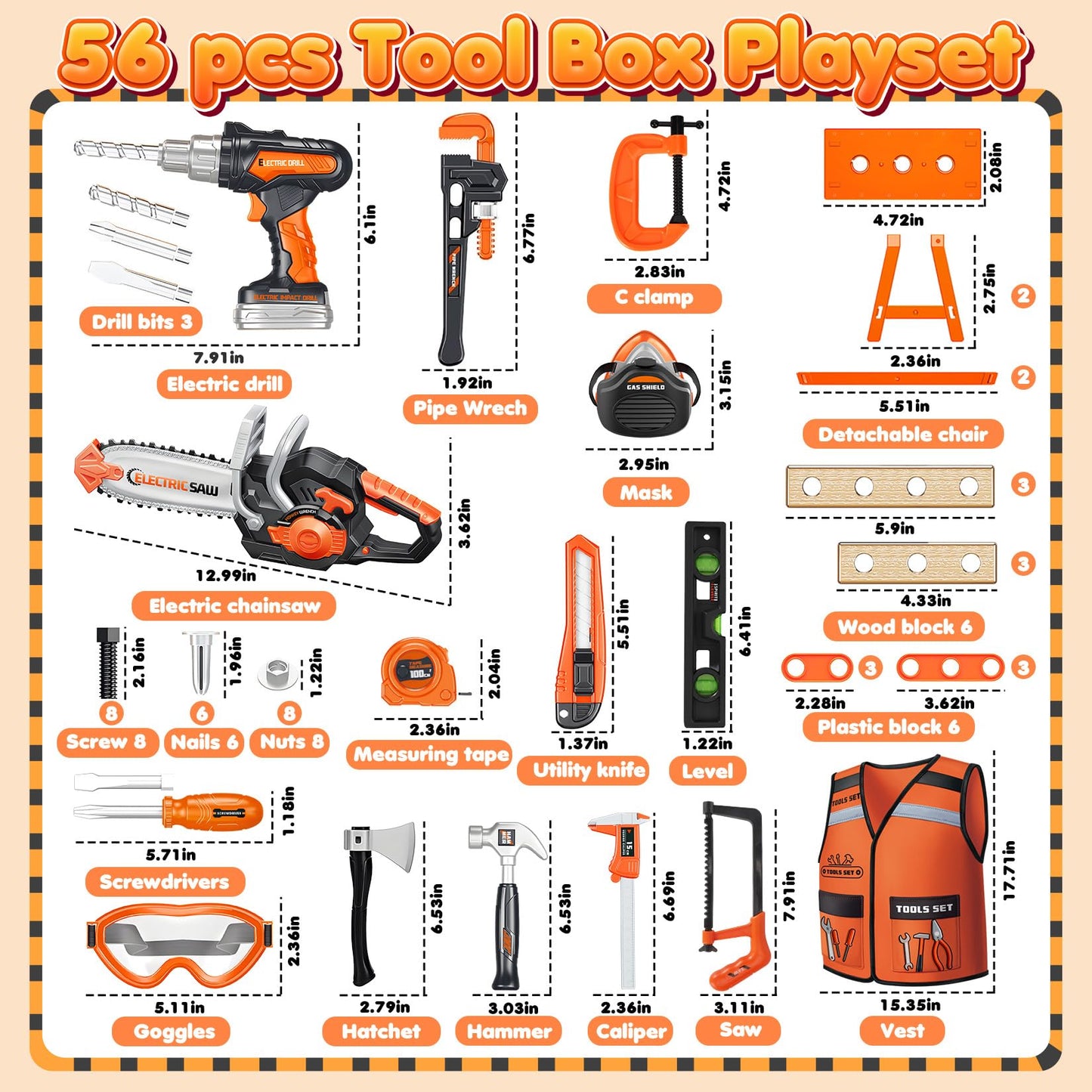 HUITEM Kids Tool Set – 56 Pcs with Realistic Drill & Chainsaw for Toddlers 3-5