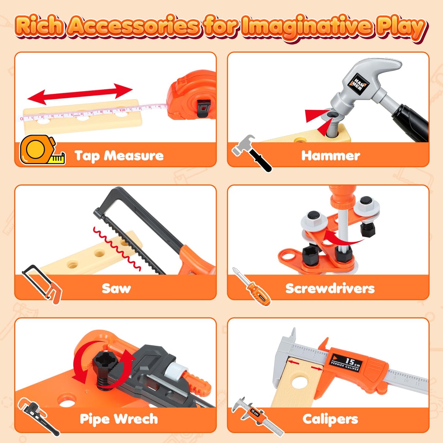 HUITEM Kids Tool Set – 56 Pcs with Realistic Drill & Chainsaw for Toddlers 3-5