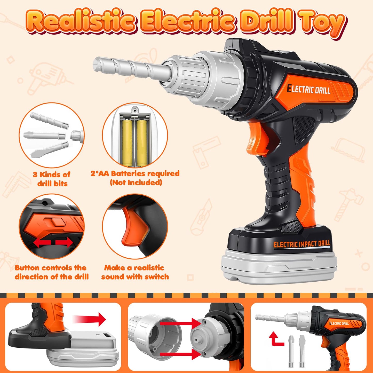 HUITEM Kids Tool Set – 56 Pcs with Realistic Drill & Chainsaw for Toddlers 3-5