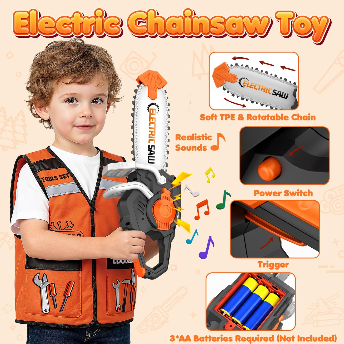 HUITEM Kids Tool Set – 56 Pcs with Realistic Drill & Chainsaw for Toddlers 3-5