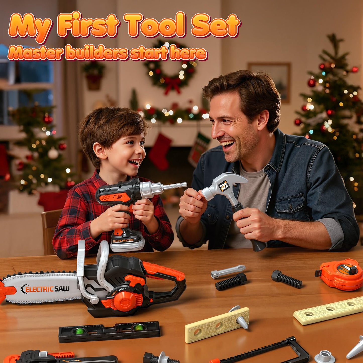 HUITEM Kids Tool Set – 56 Pcs with Realistic Drill & Chainsaw for Toddlers 3-5