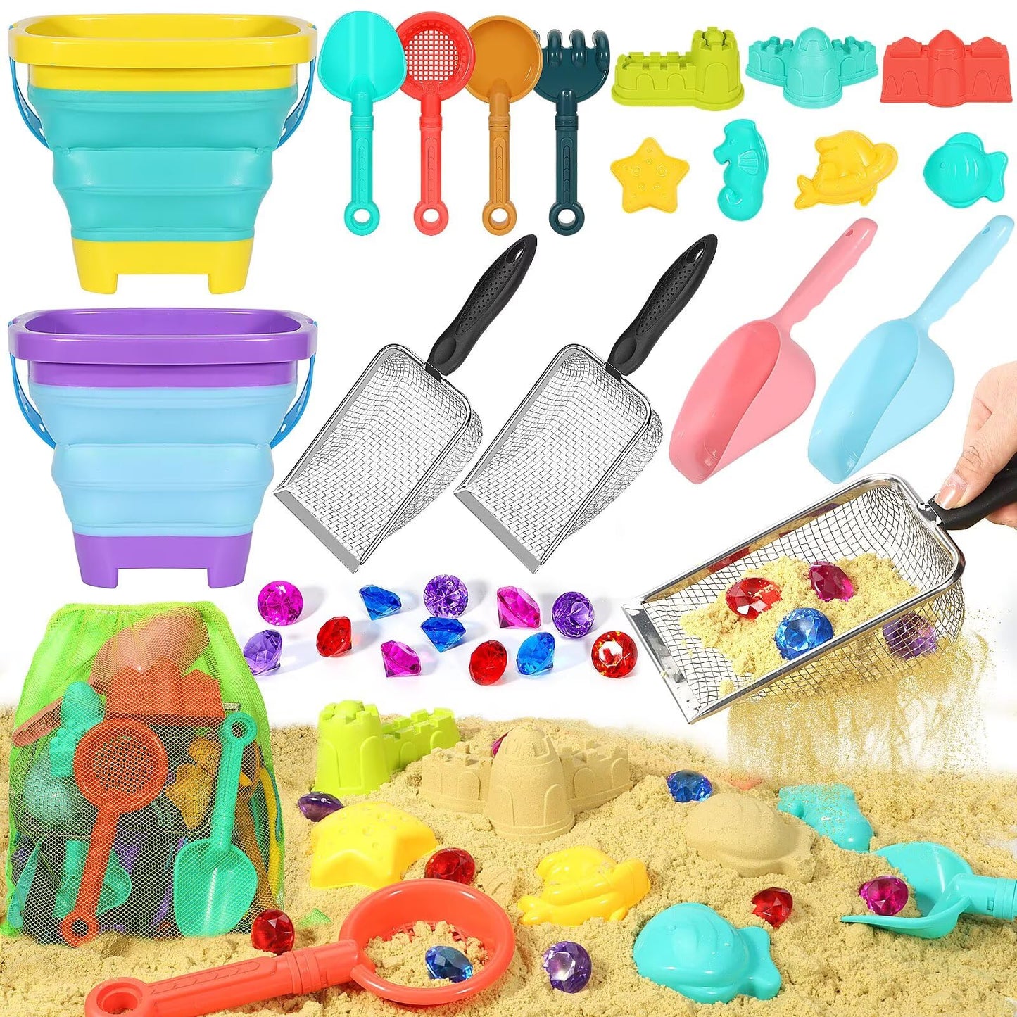 HUITEM Beach Sand Toys for Kids – 19-Piece Set with Collapsible Buckets, Sifters, Shovels, Molds & Mesh Bag