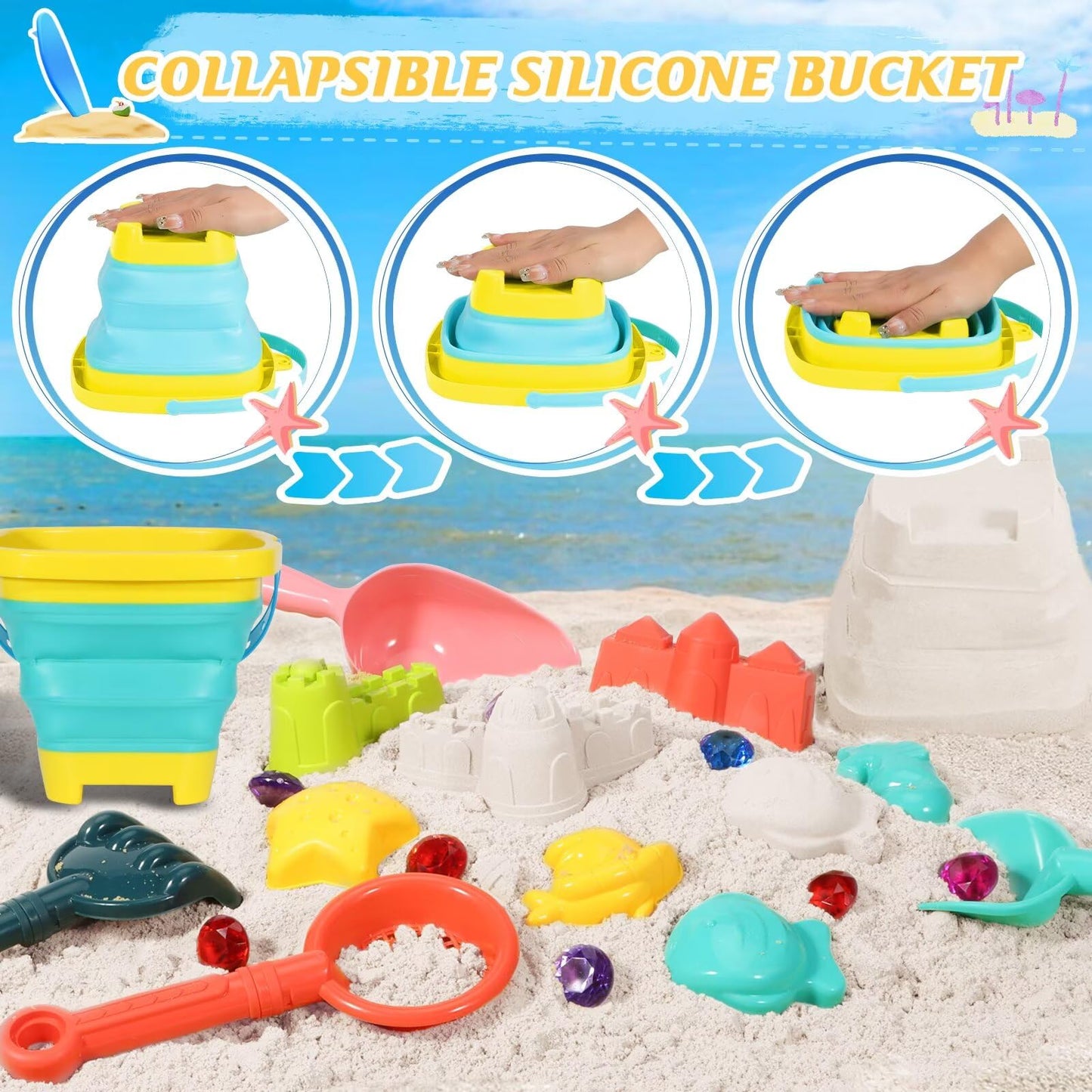 HUITEM Beach Sand Toys for Kids – 19-Piece Set with Collapsible Buckets, Sifters, Shovels, Molds & Mesh Bag