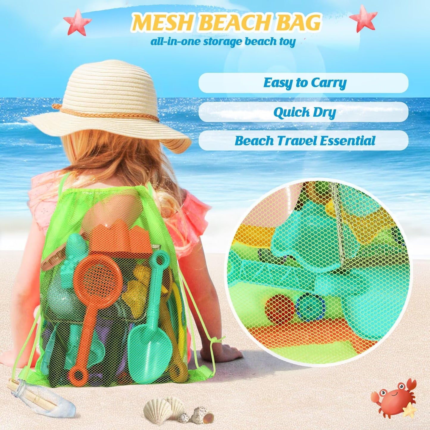 HUITEM Beach Sand Toys for Kids – 19-Piece Set with Collapsible Buckets, Sifters, Shovels, Molds & Mesh Bag
