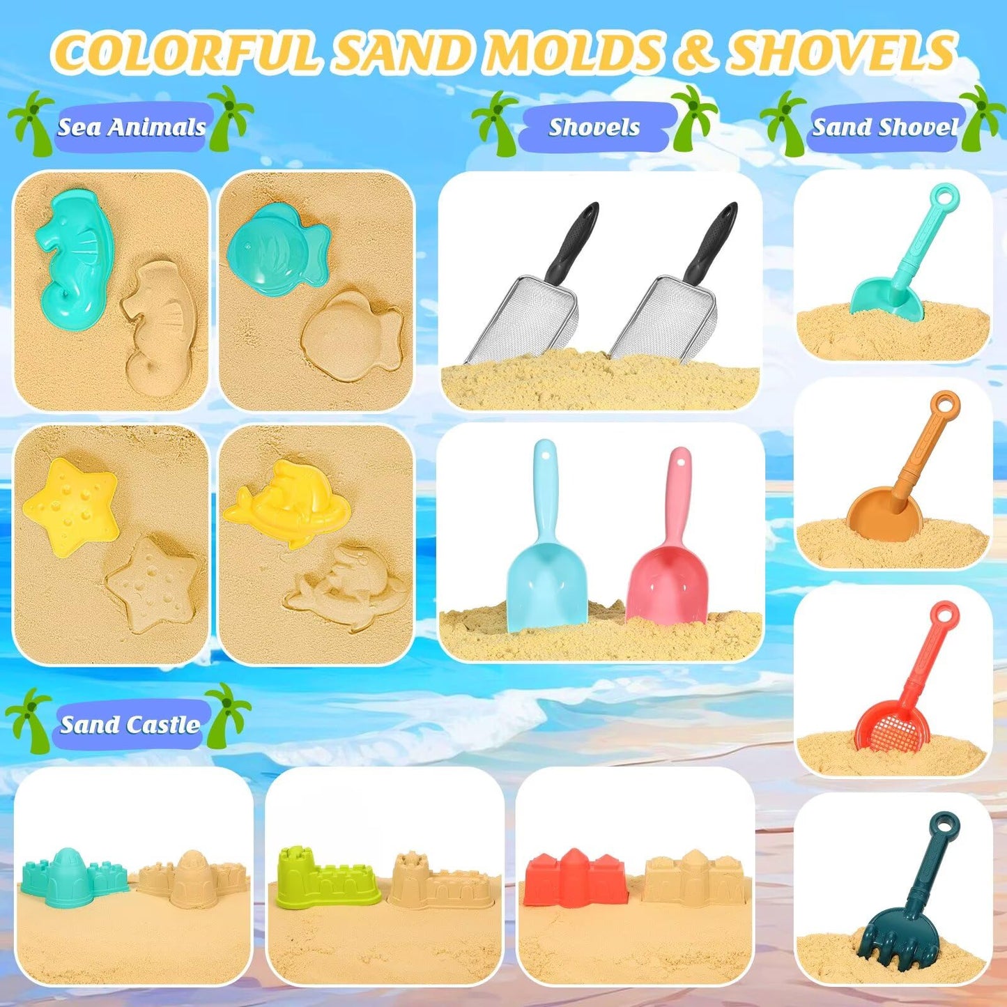 HUITEM Beach Sand Toys for Kids – 19-Piece Set with Collapsible Buckets, Sifters, Shovels, Molds & Mesh Bag
