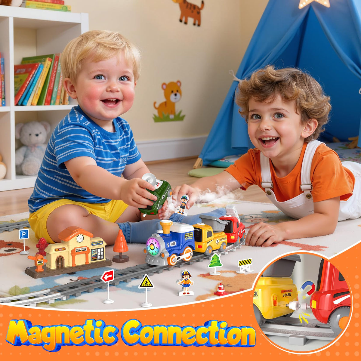 HUITEM Train Set for Toddlers – Electric Magnetic Train with Steam, Music & Lights