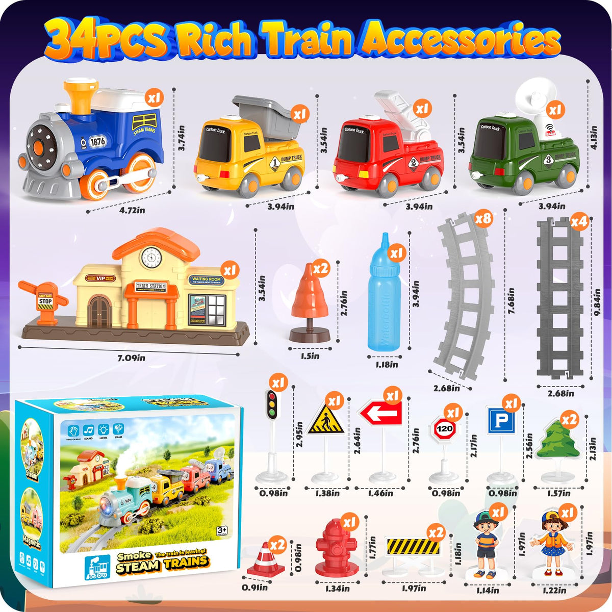 HUITEM Train Set for Toddlers – Electric Magnetic Train with Steam, Music & Lights