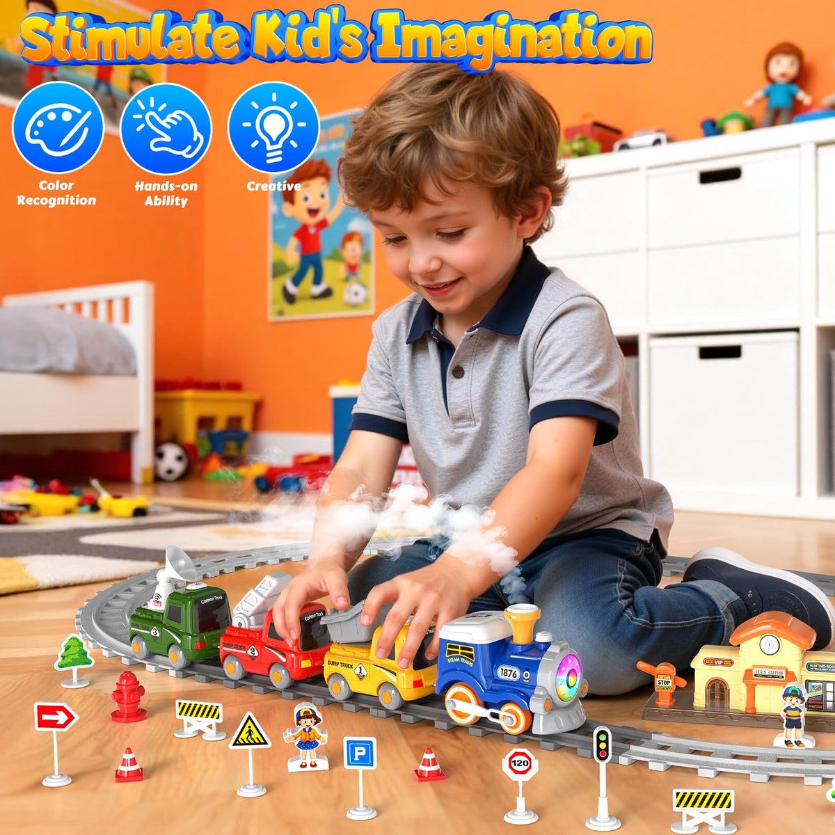 HUITEM Train Set for Toddlers – Electric Magnetic Train with Steam, Music & Lights