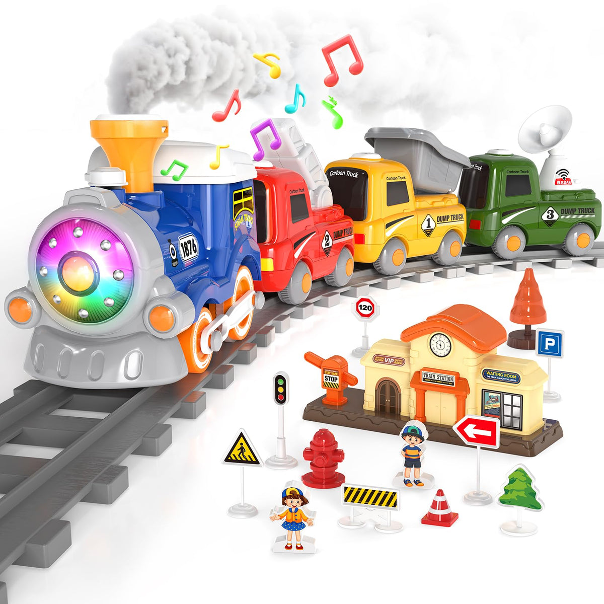 HUITEM Train Set for Toddlers – Electric Magnetic Train with Steam, Music & Lights