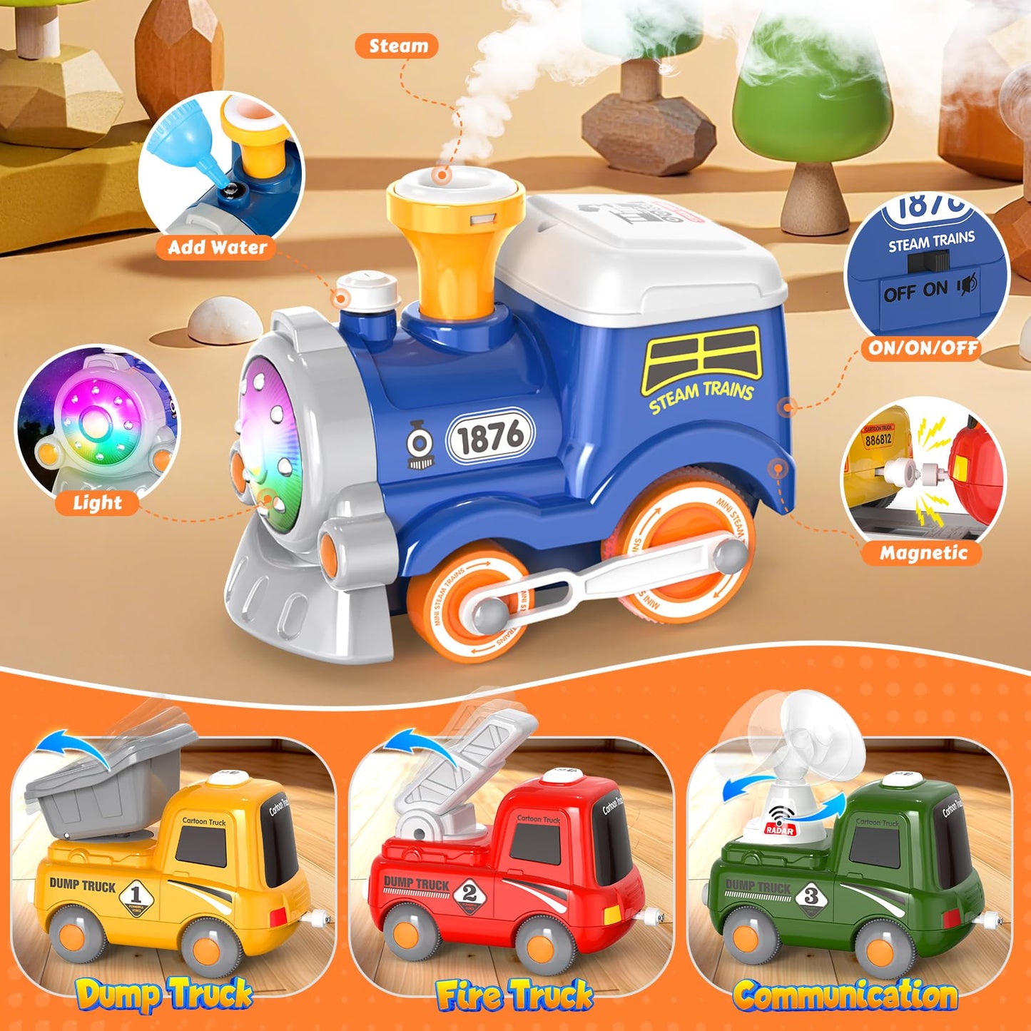 HUITEM Train Set for Toddlers – Electric Magnetic Train with Steam, Music & Lights
