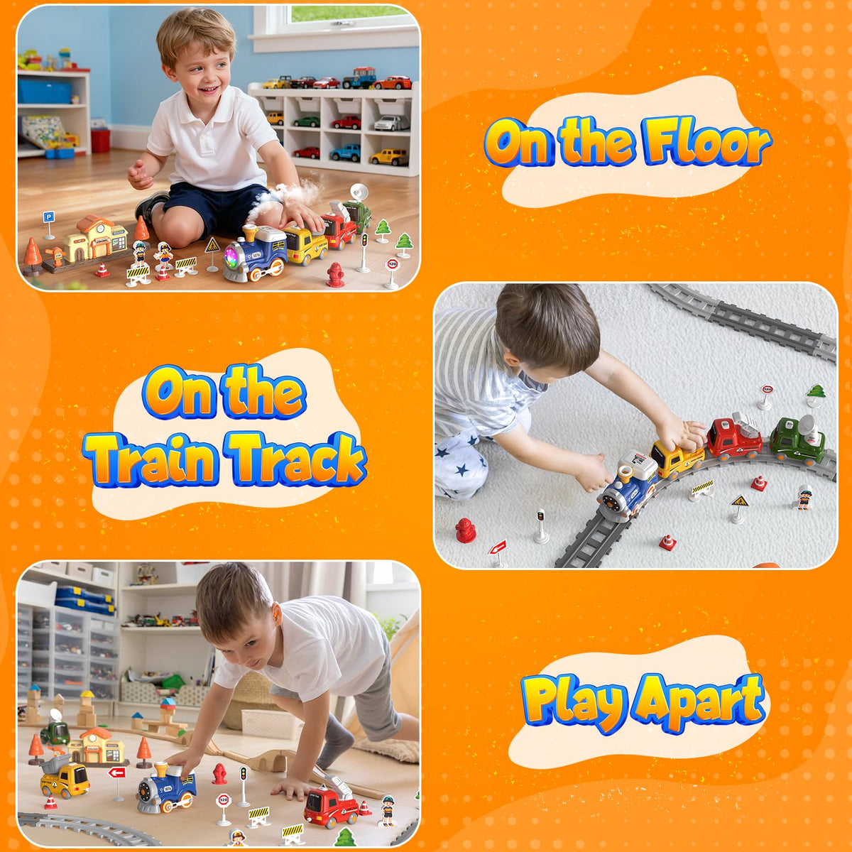 HUITEM Train Set for Toddlers – Electric Magnetic Train with Steam, Music & Lights
