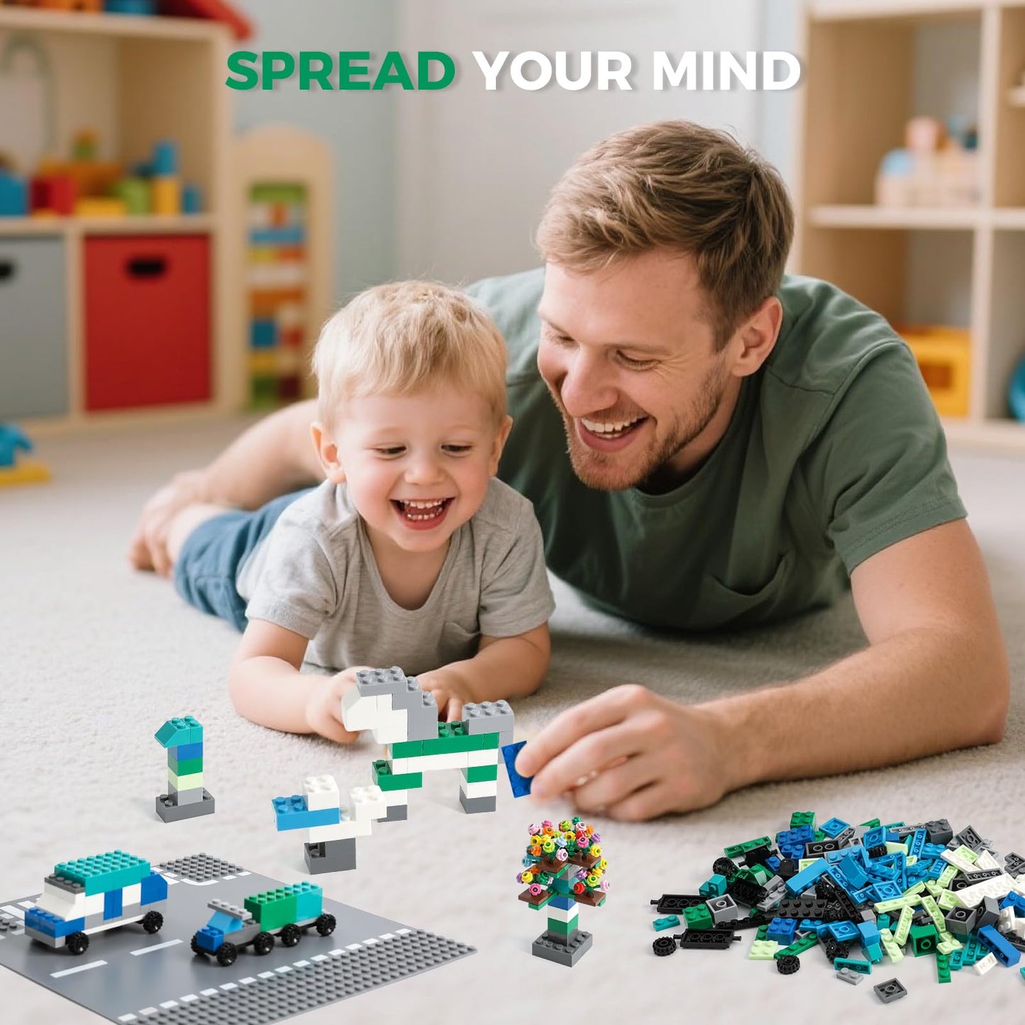 HUIZDQ 1800Pcs Building Bricks Set – Classic Bulk Blocks (Blue/Green/White/Grey)