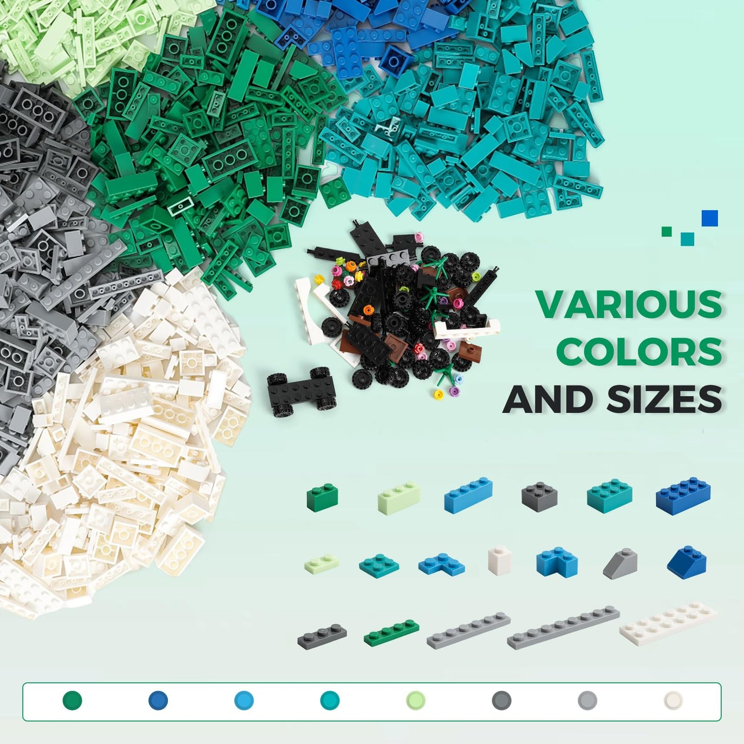 HUIZDQ 1800Pcs Building Bricks Set – Classic Bulk Blocks (Blue/Green/White/Grey)