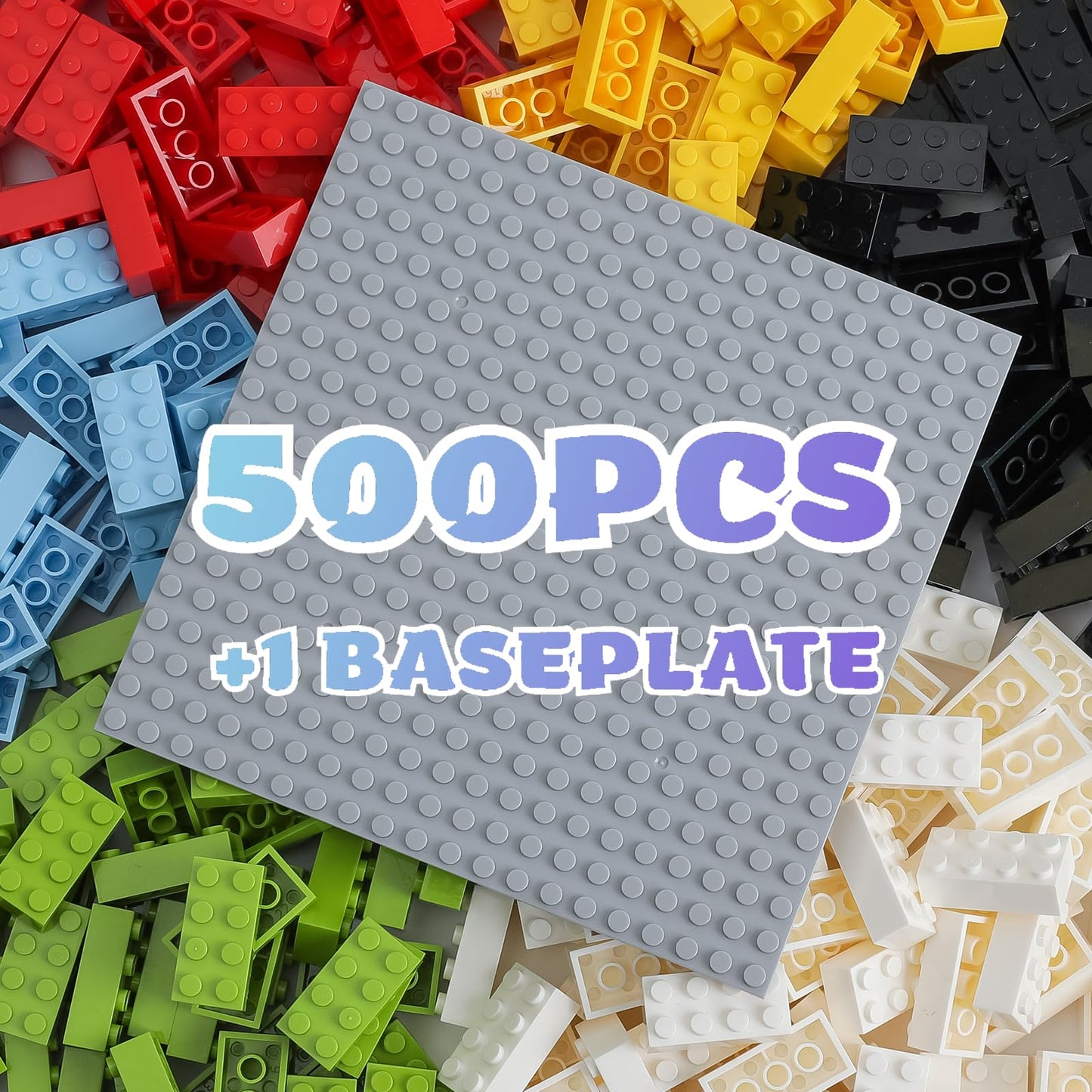 HUIZDQ 2x4 Bricks Bulk — 500-Piece Set + Grey Baseplate