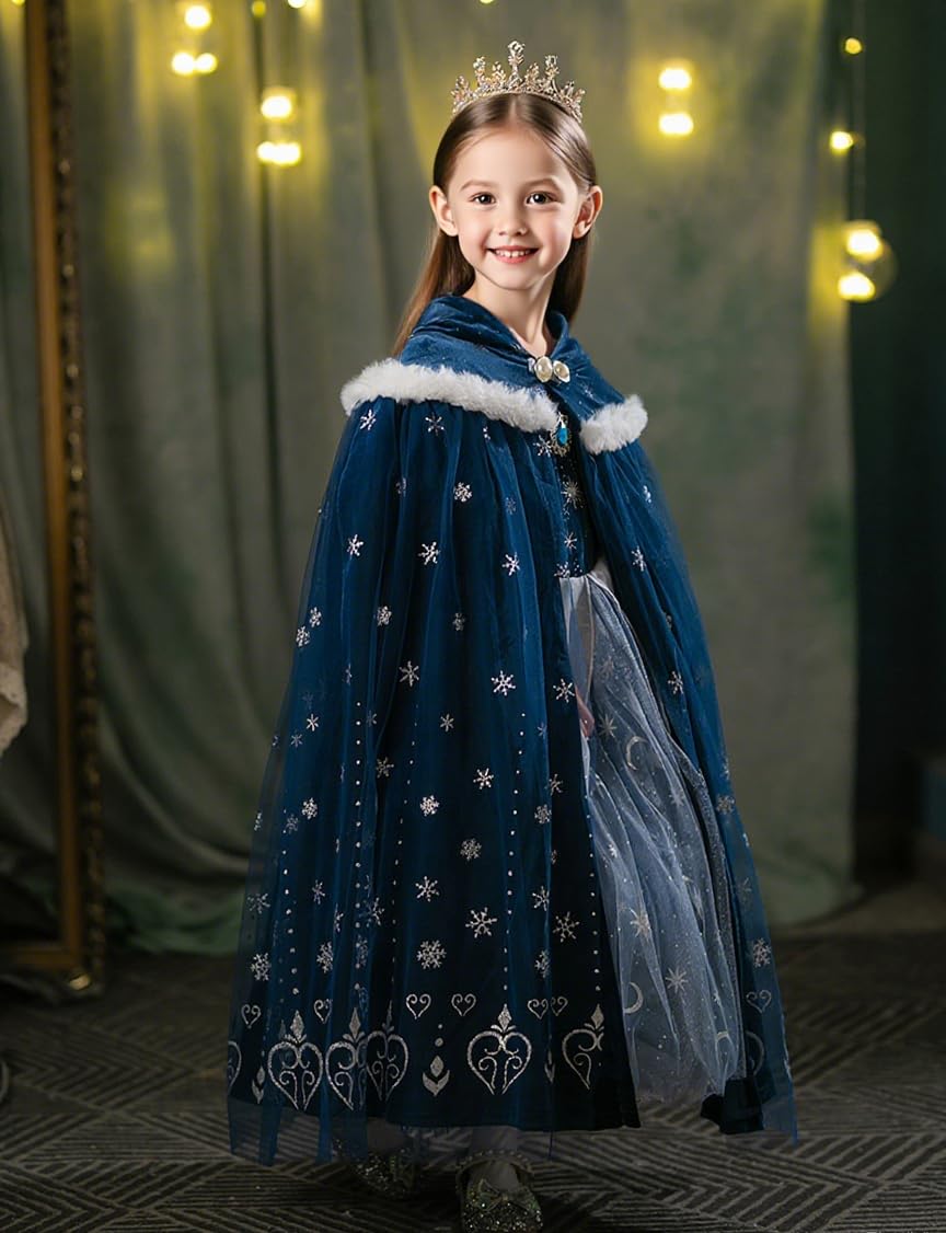 Hulaha Girls Velvet Cape Blue (8-10 Years) – Elsa Hooded Dress-Up Cape
