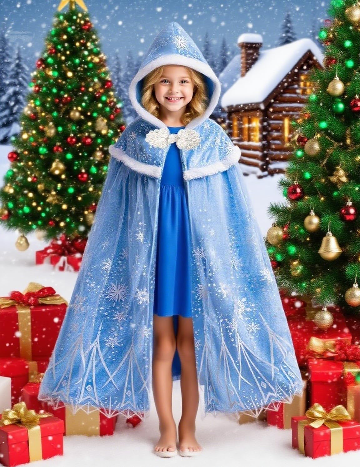 Hulaha Elsa Hooded Cape for Kids - Blue Princess Dress-Up Cloak, 5-7 Years