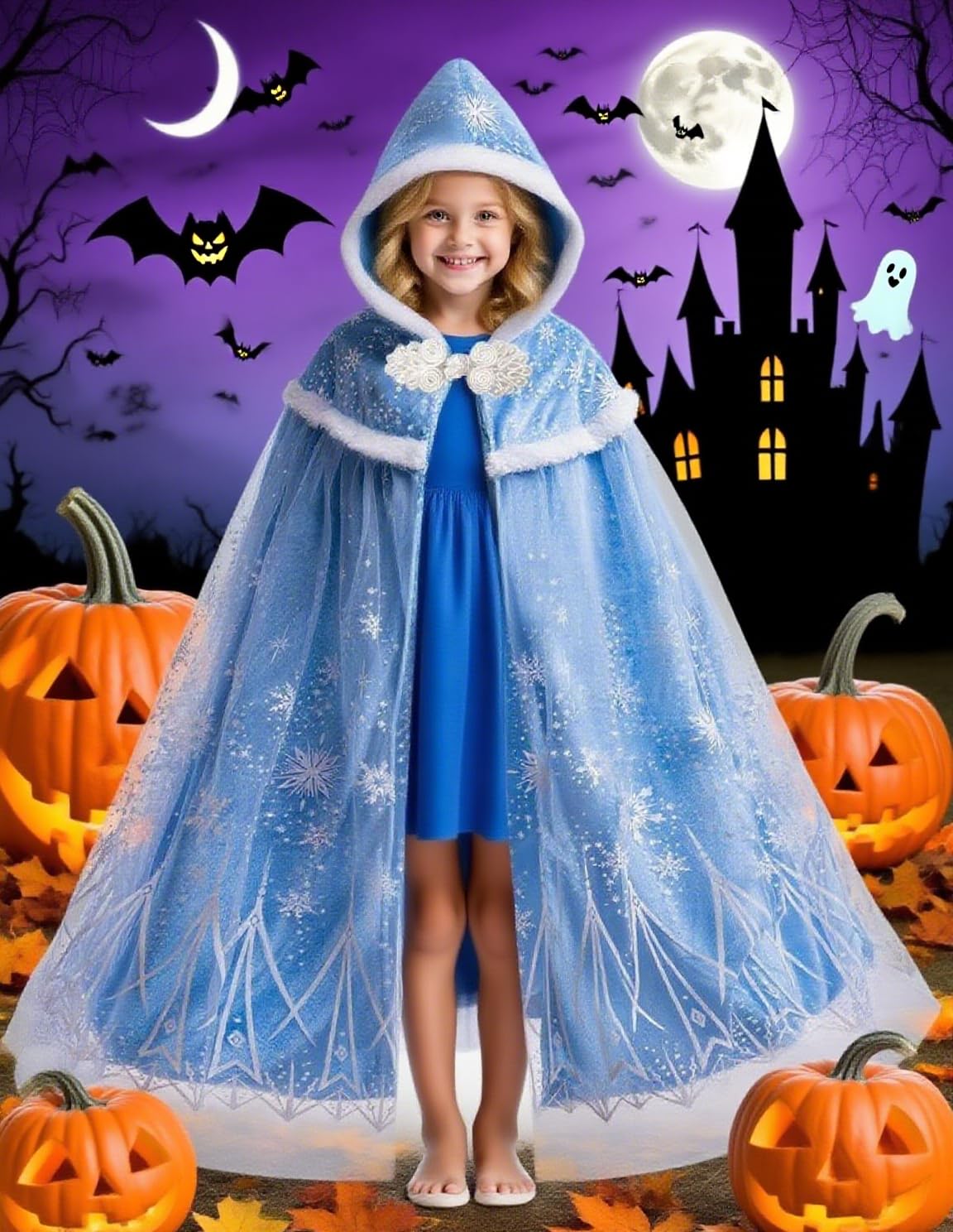 Hulaha Elsa Hooded Cape for Kids - Blue Princess Dress-Up Cloak, 5-7 Years