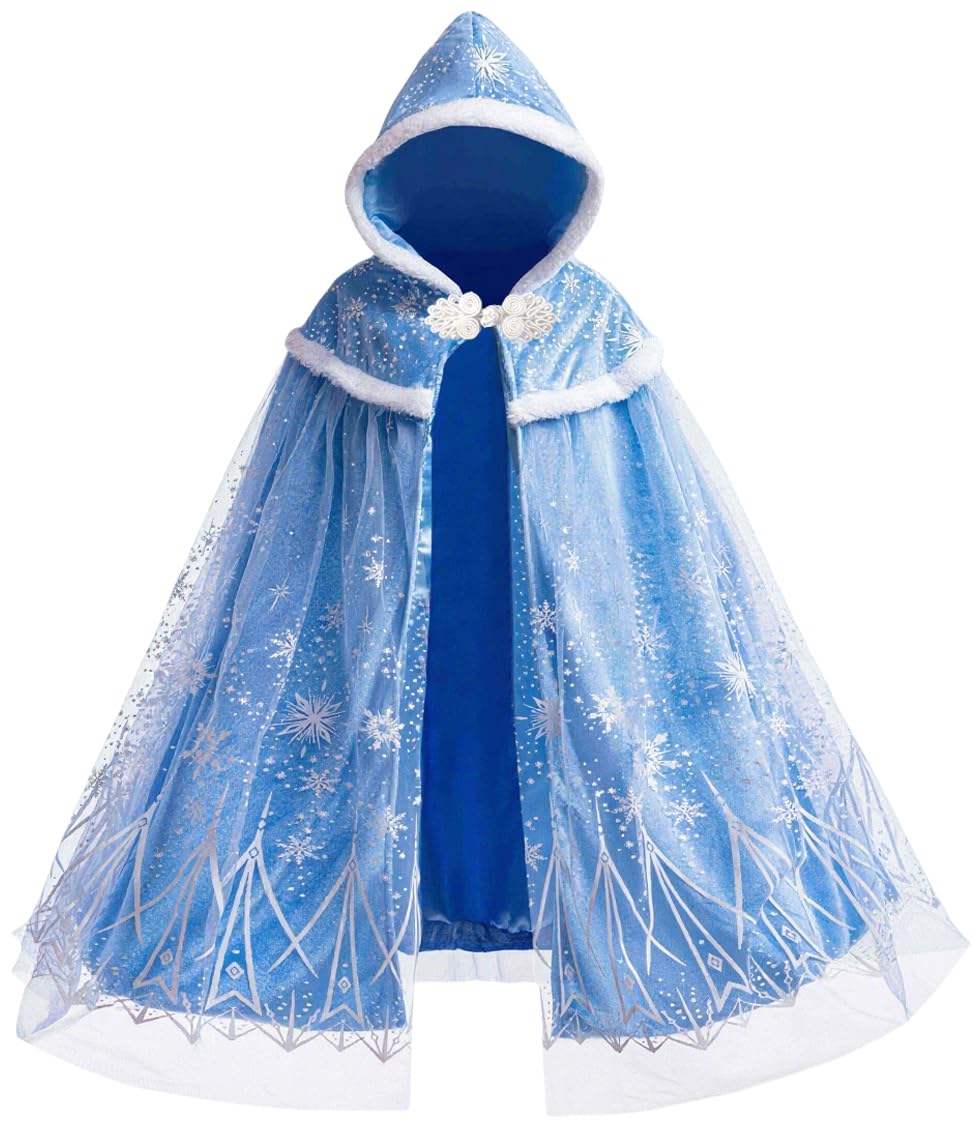 Hulaha Elsa Hooded Cape for Girls 8-10 | Velvet Princess Dress Up Cloak – Blue