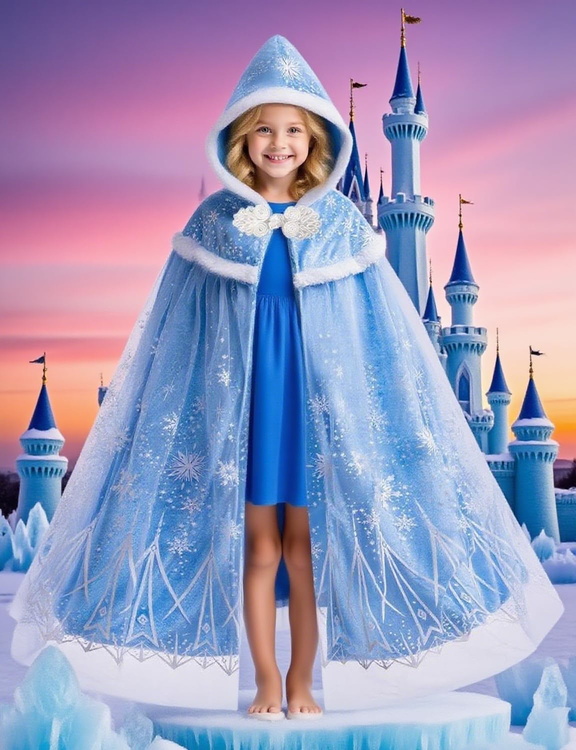Hulaha Elsa Hooded Cape for Girls 8-10 | Velvet Princess Dress Up Cloak – Blue