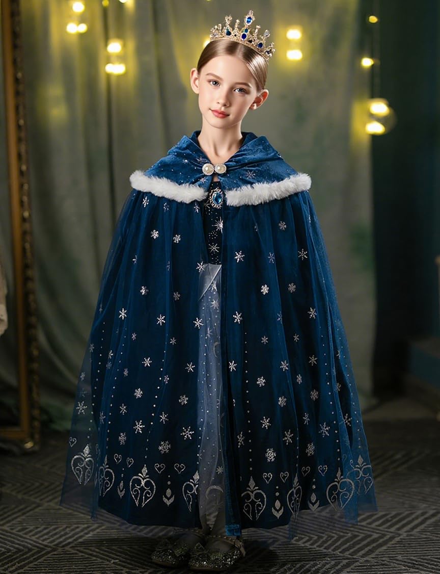 Hulaha Girls Velvet Cape Blue (8-10 Years) – Elsa Hooded Dress-Up Cape