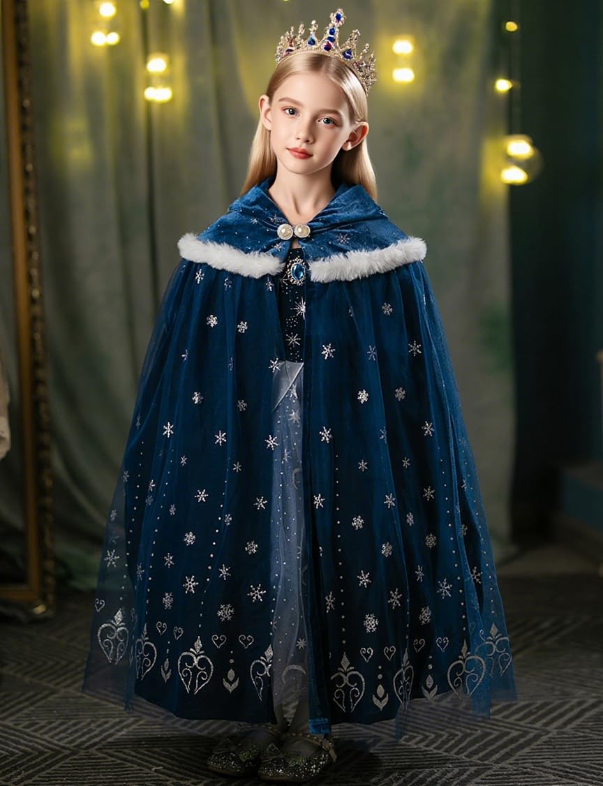 Hulaha Girls Velvet Cape Blue (8-10 Years) – Elsa Hooded Dress-Up Cape