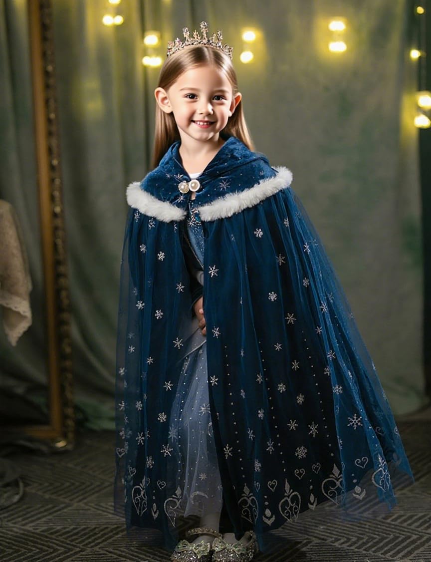 Hulaha Girls Velvet Cape Blue (8-10 Years) – Elsa Hooded Dress-Up Cape