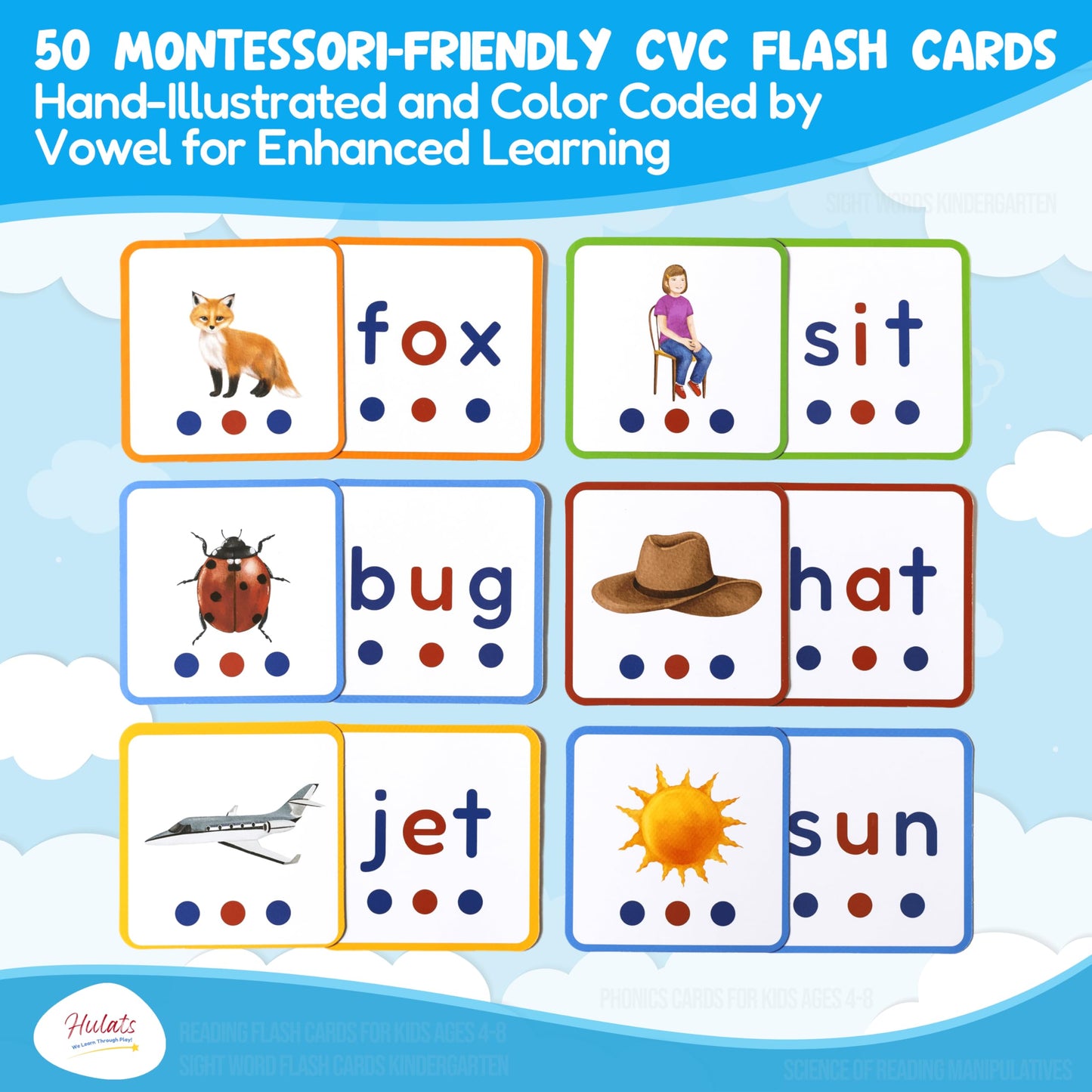 Hulats CVC Word Magic – Montessori Reading Game for Phonics Mastery & 50 Flash Cards
