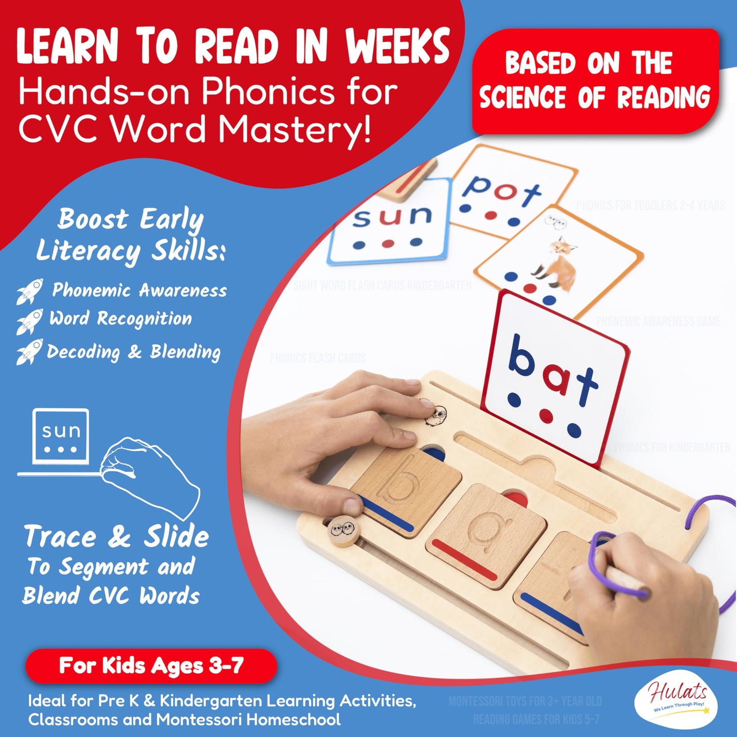 Hulats CVC Word Magic – Montessori Reading Game for Phonics Mastery & 50 Flash Cards