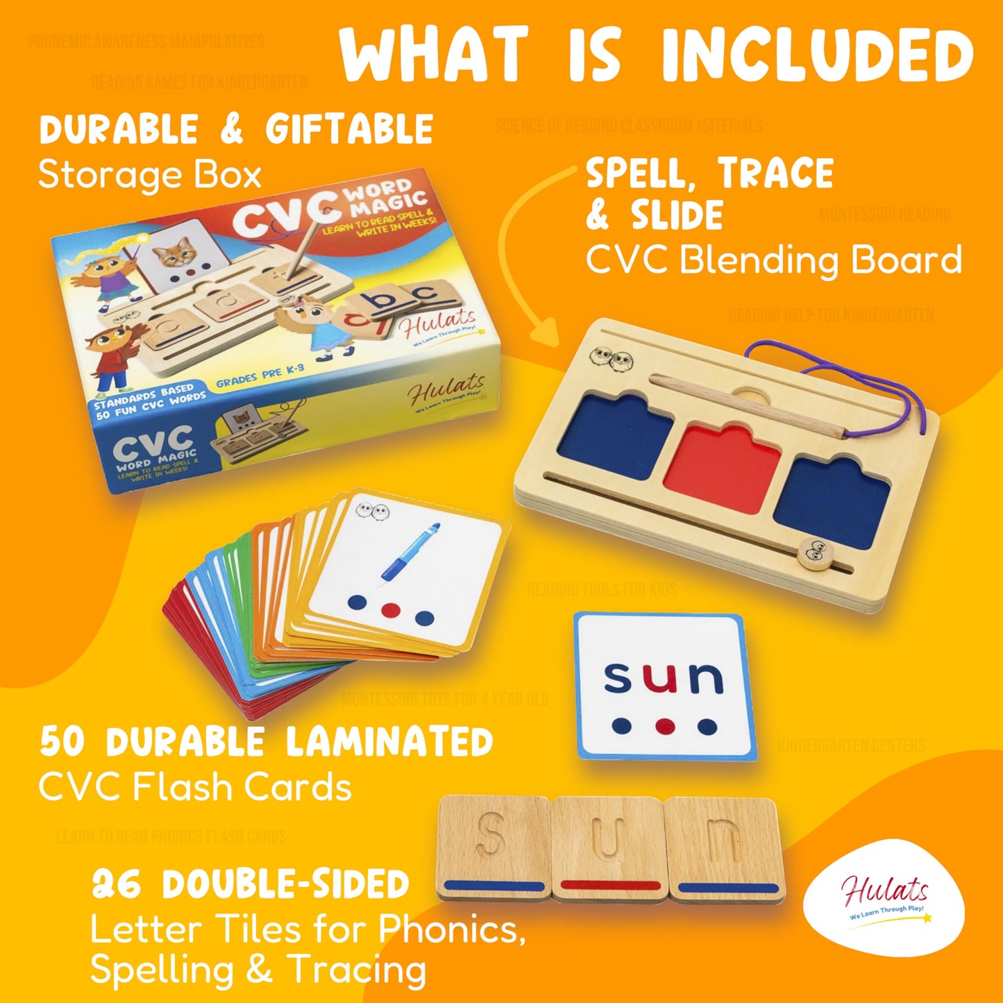Hulats CVC Word Magic – Montessori Reading Game for Phonics Mastery & 50 Flash Cards