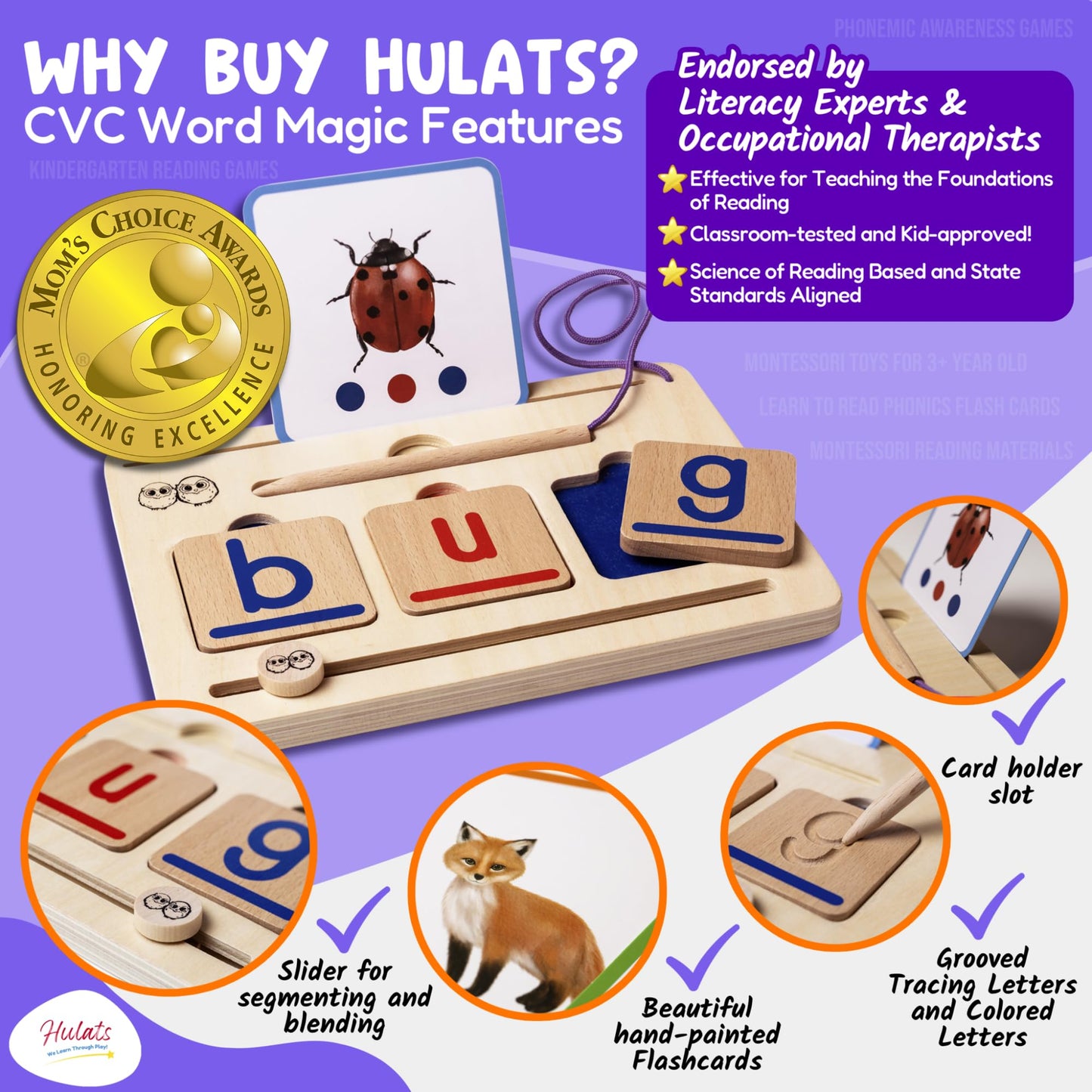 Hulats CVC Word Magic – Montessori Reading Game for Phonics Mastery & 50 Flash Cards