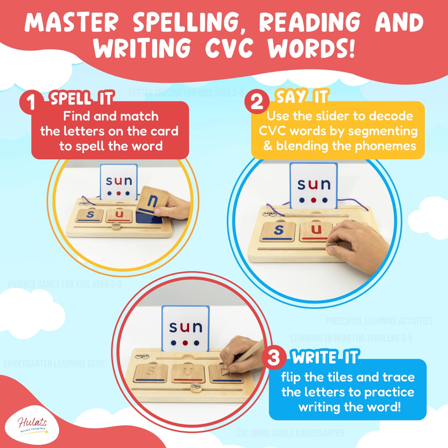 Hulats CVC Word Magic – Montessori Reading Game for Phonics Mastery & 50 Flash Cards