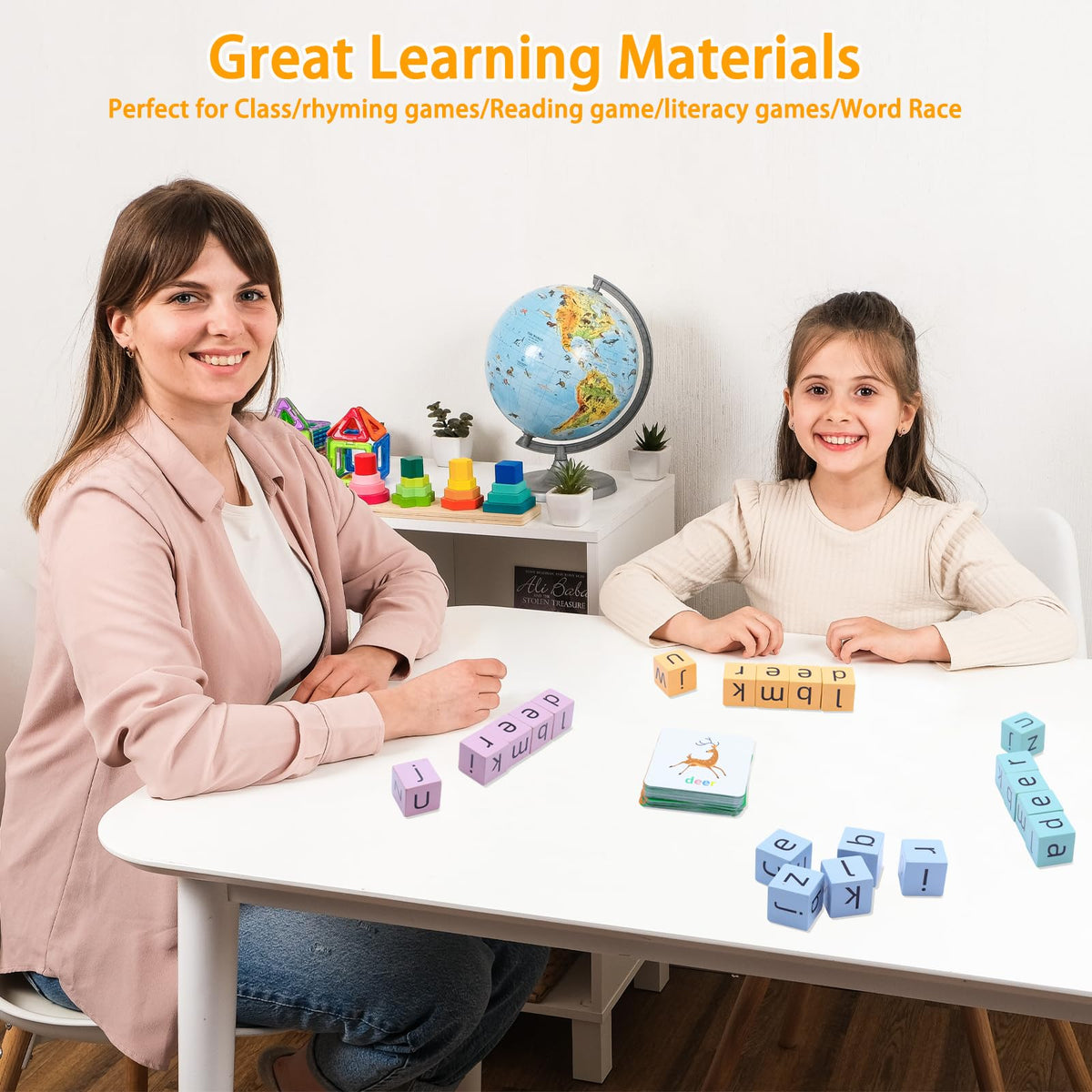 Humerry Word Spelling Game: Wooden Alphabet Blocks & 54 Flashcards for Ages 3-8