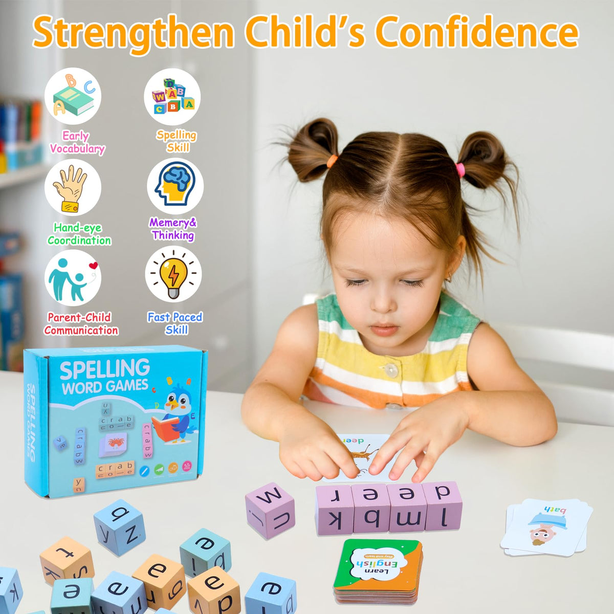Humerry Word Spelling Game: Wooden Alphabet Blocks & 54 Flashcards for Ages 3-8
