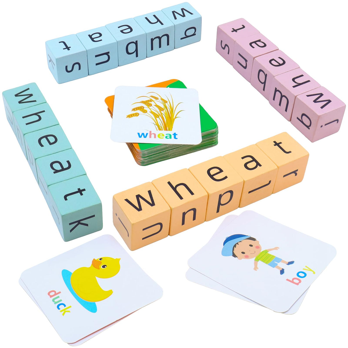 Humerry Word Spelling Game: Wooden Alphabet Blocks & 54 Flashcards for Ages 3-8