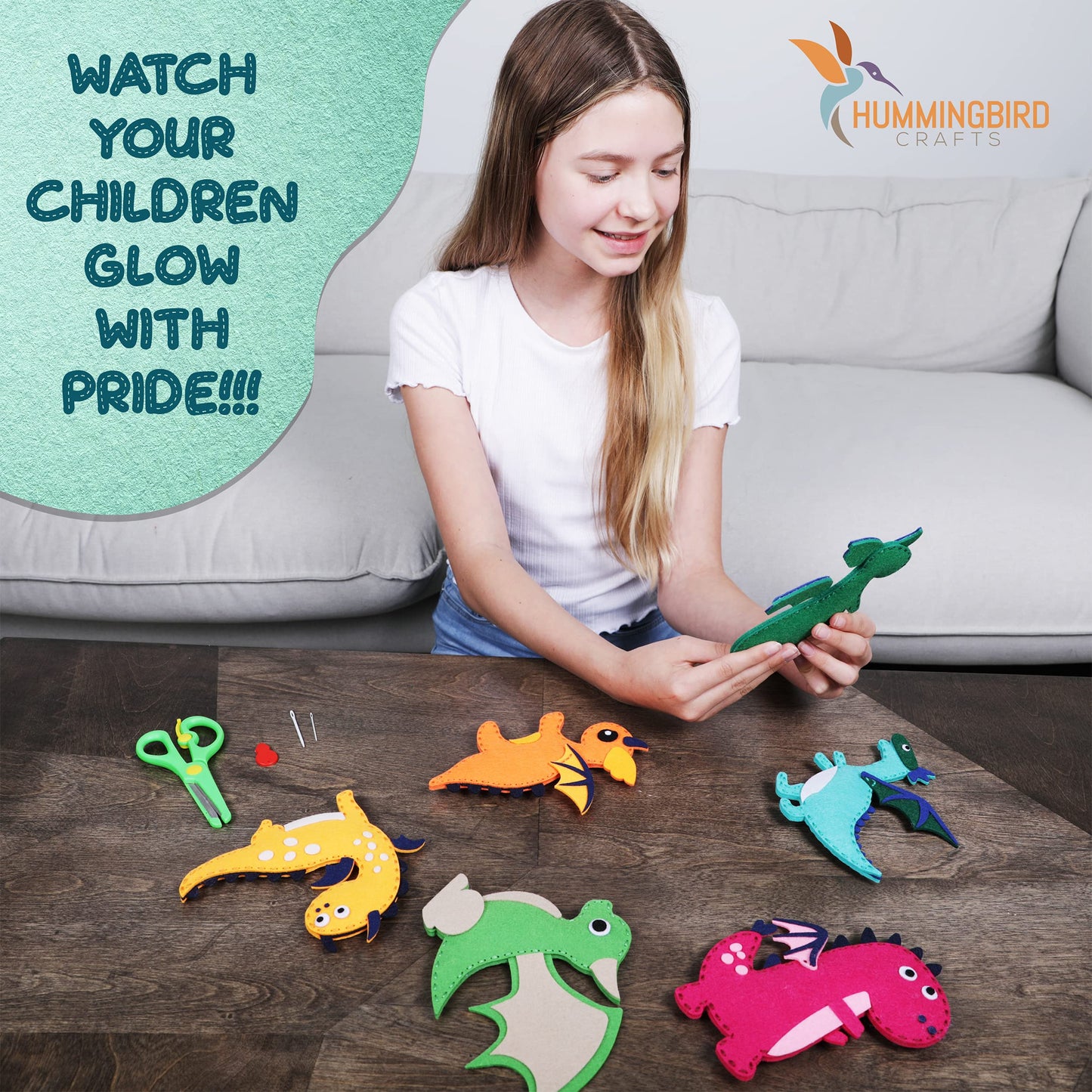 Hummingbird Crafts Dragons Sewing Kit for Kids 8-12 – Fun, Educational Felt Dragons DIY Craft Kit