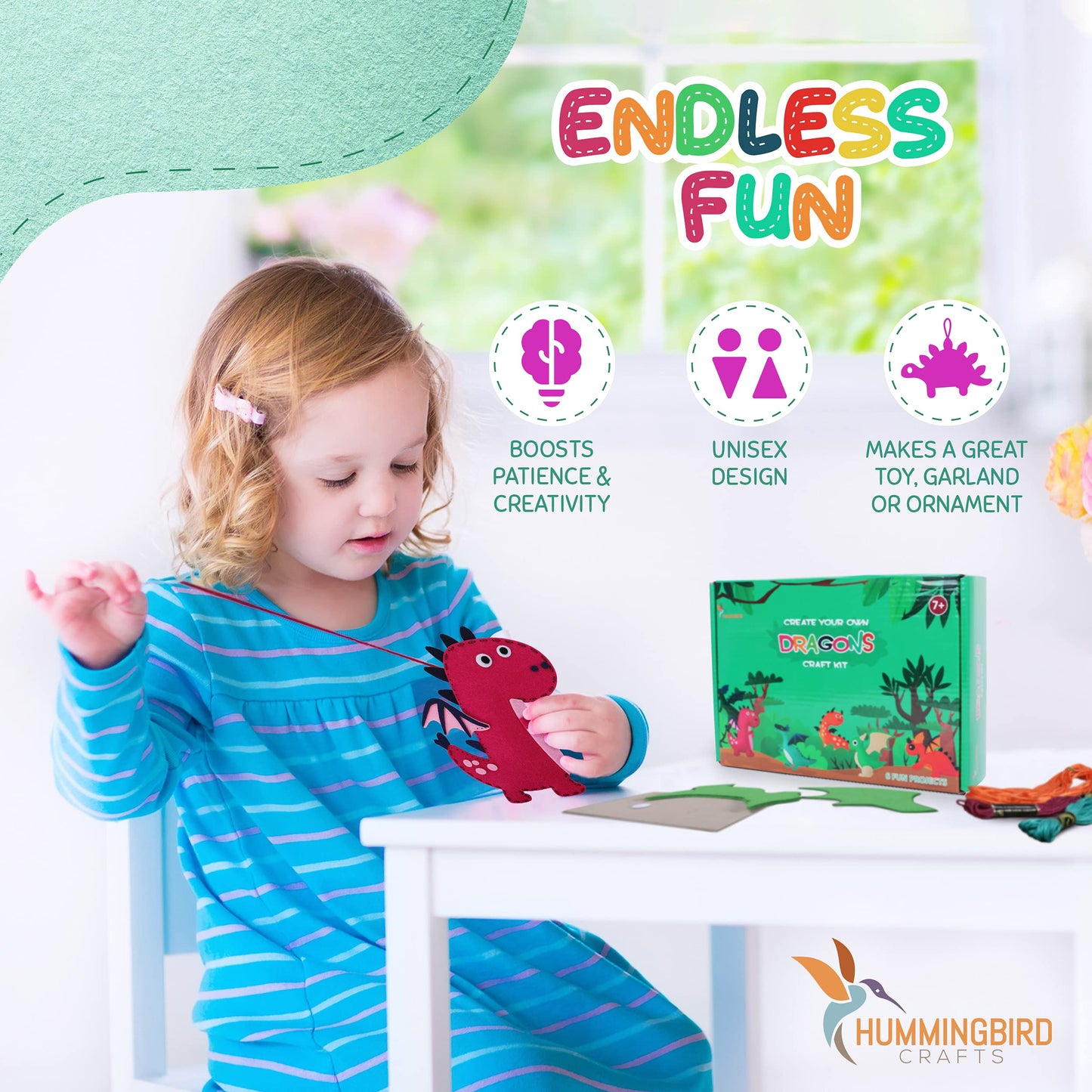 Hummingbird Crafts Dragons Sewing Kit for Kids 8-12 – Fun, Educational Felt Dragons DIY Craft Kit
