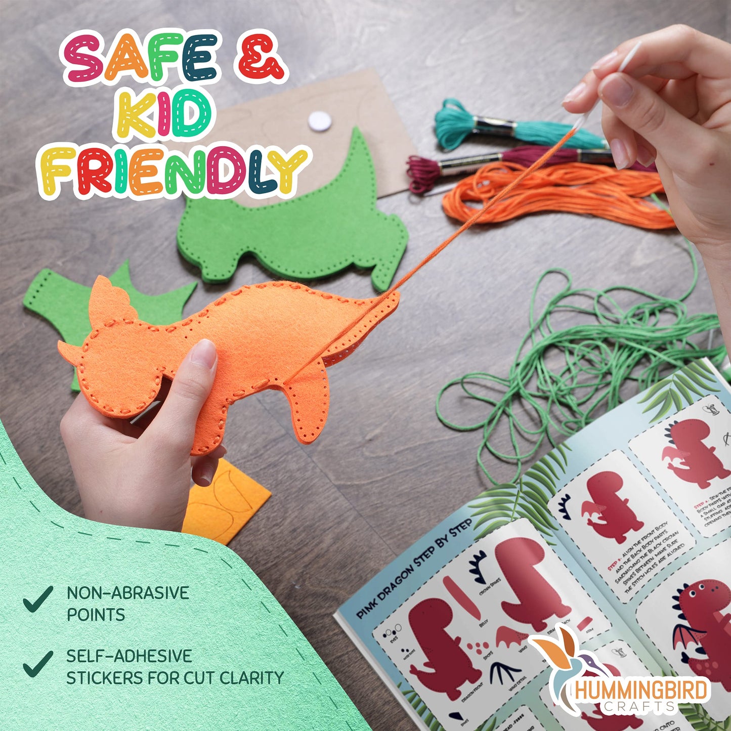 Hummingbird Crafts Dragons Sewing Kit for Kids 8-12 – Fun, Educational Felt Dragons DIY Craft Kit