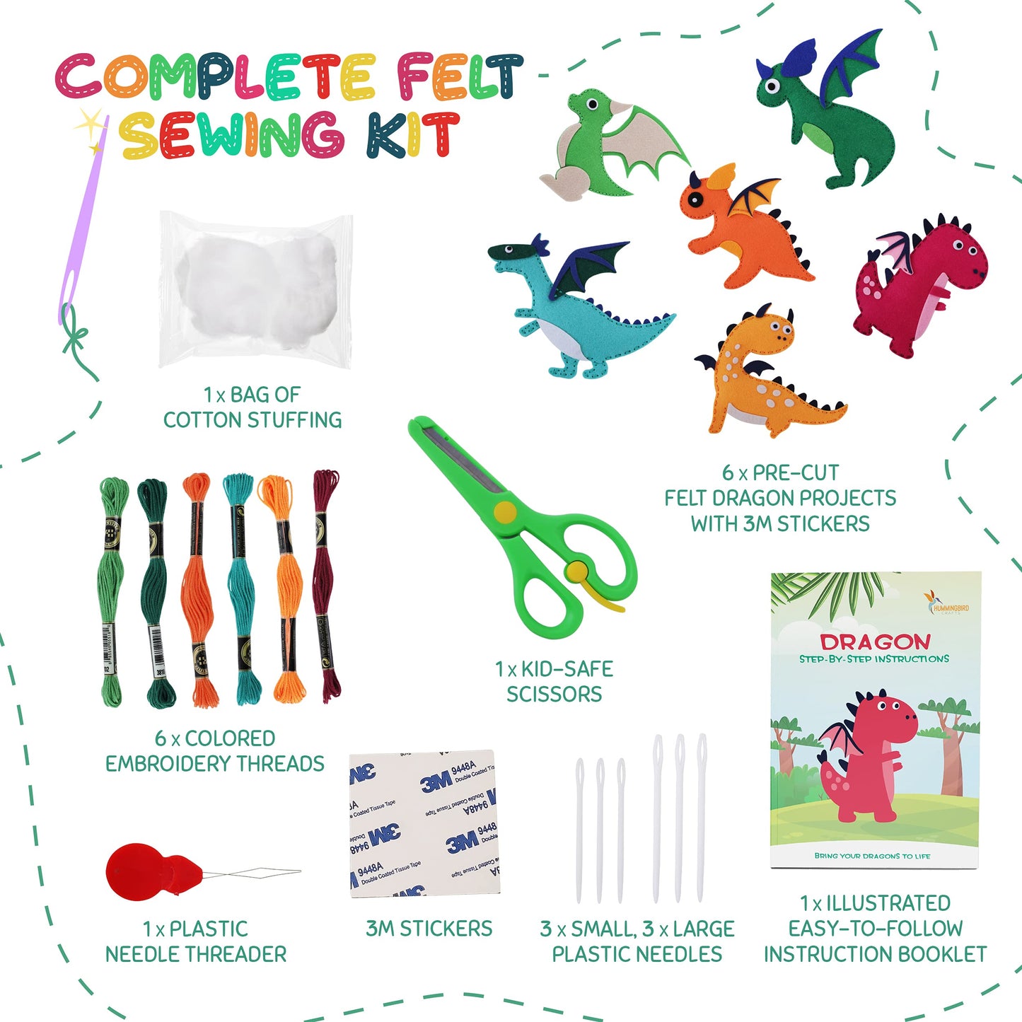 Hummingbird Crafts Dragons Sewing Kit for Kids 8-12 – Fun, Educational Felt Dragons DIY Craft Kit