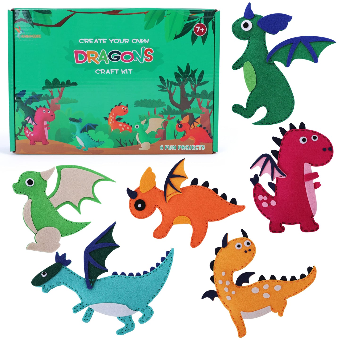 Hummingbird Crafts Dragons Sewing Kit for Kids 8-12 – Fun, Educational Felt Dragons DIY Craft Kit
