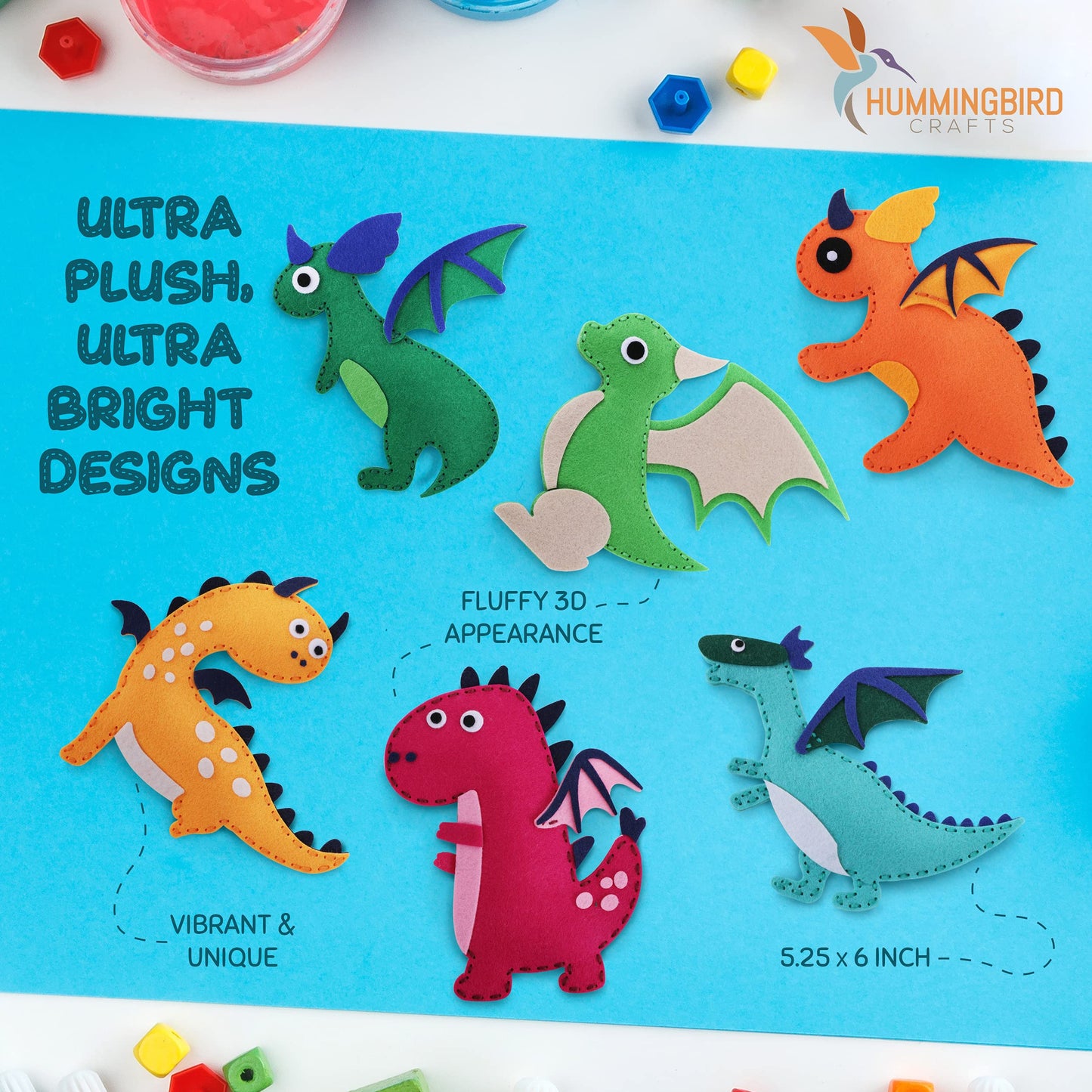 Hummingbird Crafts Dragons Sewing Kit for Kids 8-12 – Fun, Educational Felt Dragons DIY Craft Kit